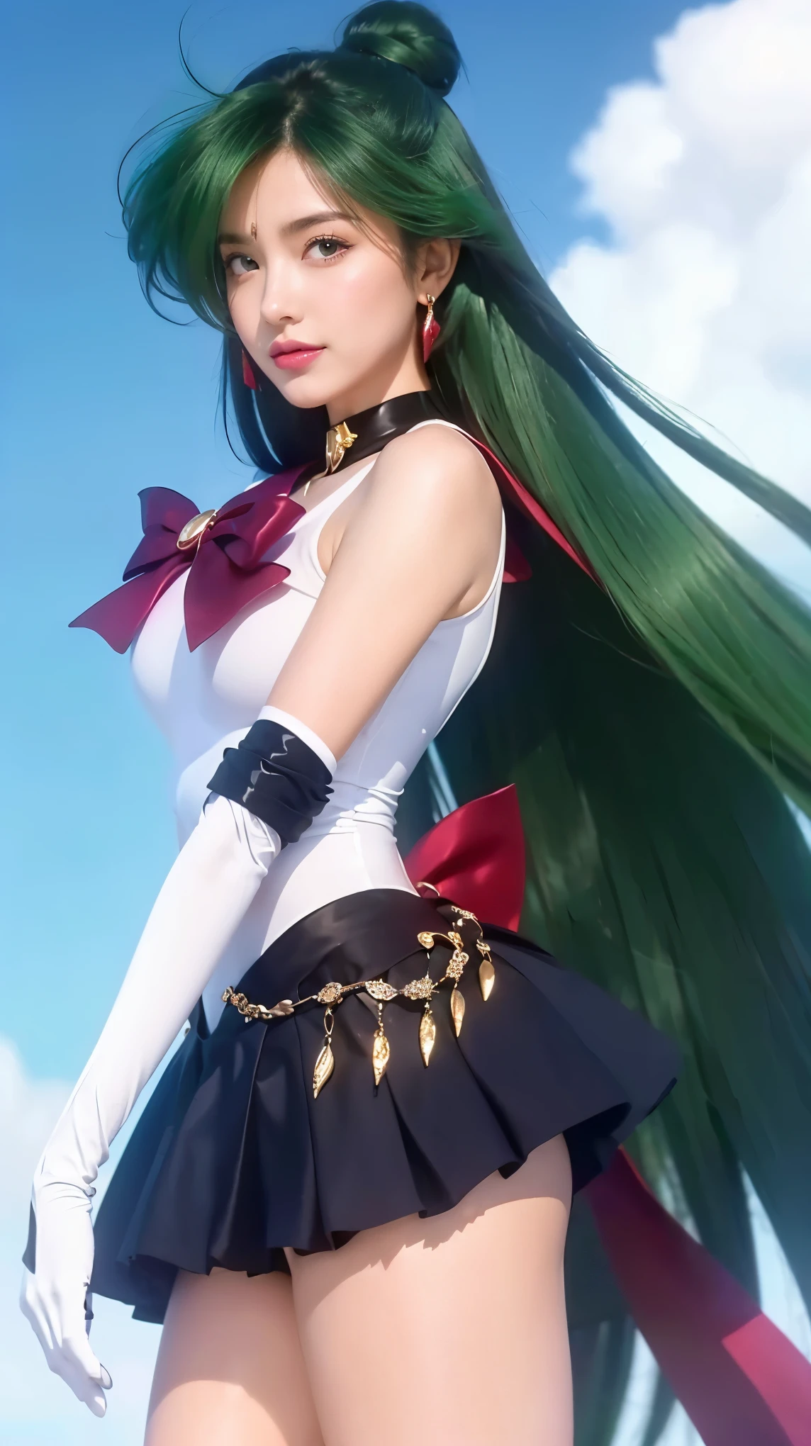 full: 1.3, Stand, Masterpiece, Realistic, Ultra-microscopic, Best Quality, Ultra-detailed 8K CG Unity wallpaper, long dark green hair that shines, with a soft emerald green hue that glows gently when hit by light, the hair is straight and falls to the waist, with the top slightly voluminous to give a natural dimension, there is a straight fringe framing the face, with the ends of the fringe slightly curling inward, giving a soft and feminine impression, at the top of the head, the hair is tied into a neat small round bun, adding an elegant touch to the overall style, the ends of the hair look smooth and textured, reflecting good care, the hair appears soft and light, moving beautifully with the wind, giving a realistic and lively impression. (hair must match the reference image), (all hair is dark green), intricate details, (1 woman), 25 years old, (Sailor Pluto, Adult woman, Large breasts, Aqua eyes, Dark green hair, Mei Xiaofu, Sky away, mer1, Sailor senshi uniform), Sailor senshi uniform: 1.2, Sailor Pluto, (Curved chest: 1.4, Tall, Feminine: 1.4, Abdominal muscles: 1.2, Very tall, Perfect proportions, Long and sexy legs, Sexy and dynamic model pose), A small, luxurious golden crown on the forehead: 1.2, Bare upper arms: 1.2, Long white latex gloves, Adorned with luxurious gold accents: 1.2, Smooth and shiny skin: 1.5, Sleek and sexy gravel dress: 1.3, Dark black brooch, Chest adorned with a large dark brown ribbon: 1.2, Sexy black mini skirt in front: 1.1, Black mini skirt in front, White leotard, Dark black gloves, At the elbows), (There is a large dark brown ribbon at the hips: 1.3, Black necklace, cleavage, Seksi dan berani, Red spoon-shaped earrings, dark black high heels, luxurious gold accents), ((Seductive smile, very beautiful face, facial details: 1.5, natural makeup, slightly flushed cheeks, Bright red eyes, beautiful face, beautiful eyes, shiny red lips, large breasts, Thin and shiny lips: 1.3, thin and sharp eyebrows, long and dark eyelashes, double