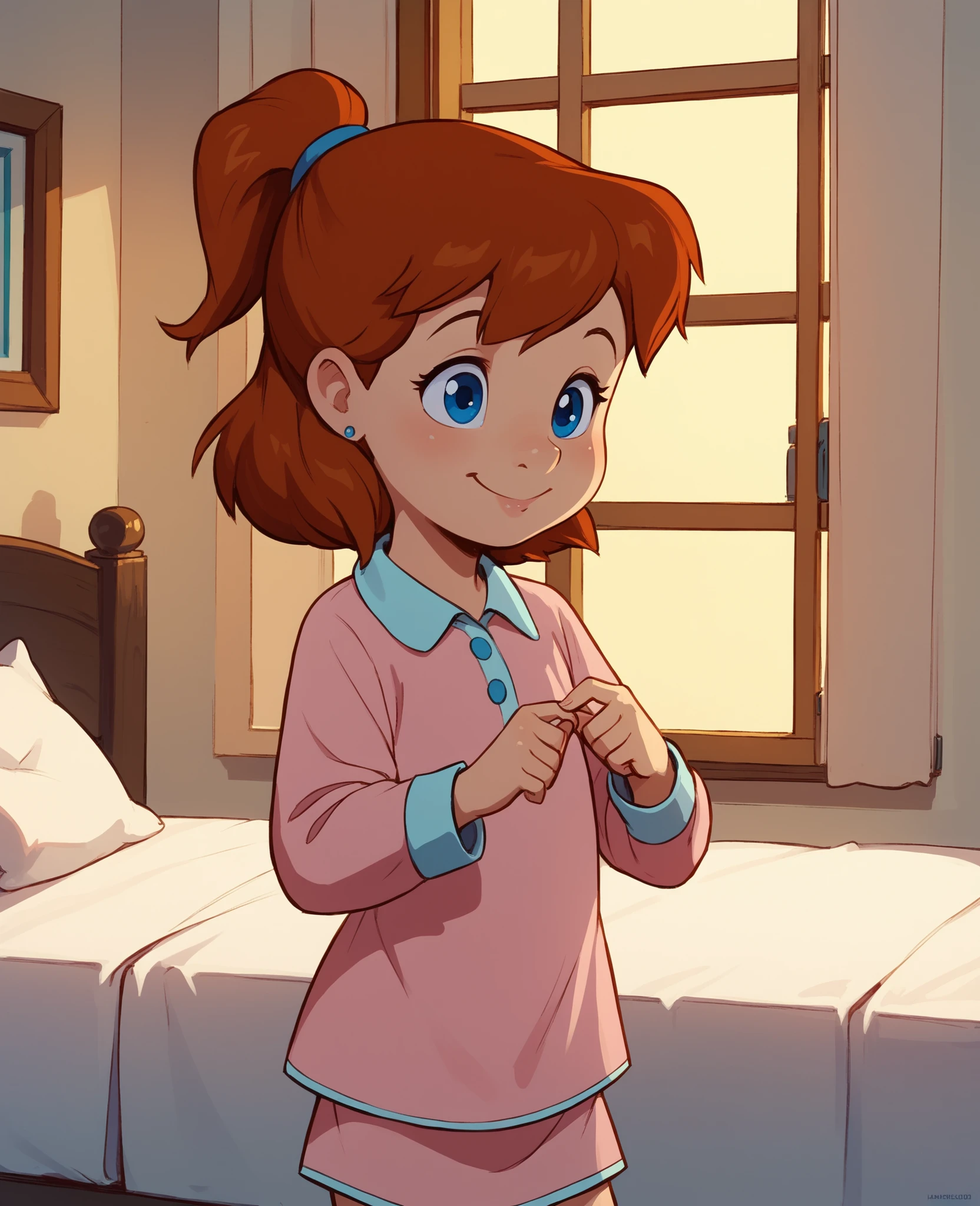 score_8, score_9, jenny, 1 girl, solo, brown hair, ponytail, blue eyes, earrings, standing, in bedroom, smile, pink pajamas dress,