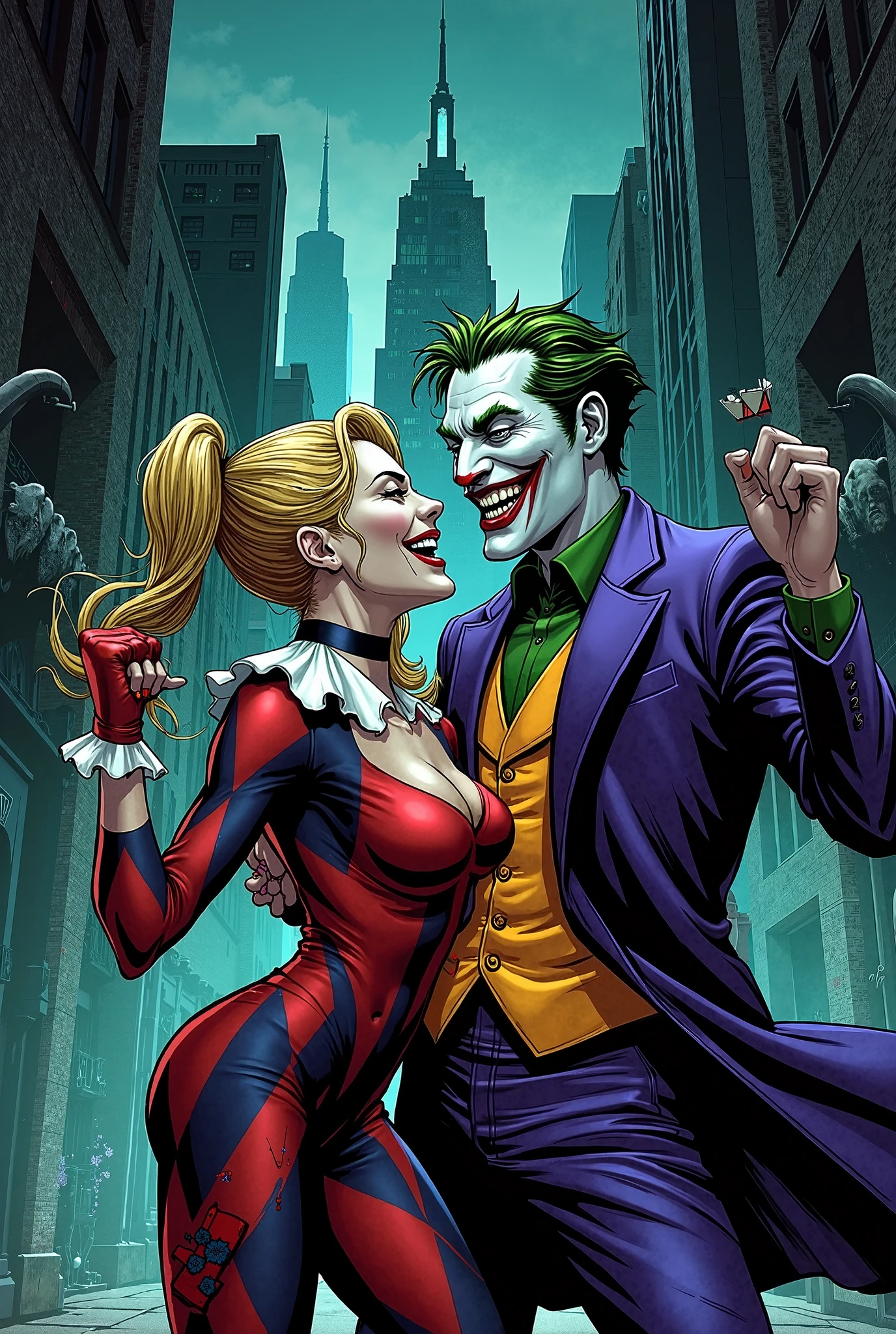 (Cinematic), (oversized facial features:1.5), (caricature:1.5), Raw 3D render of (Batman and Harley Quinn kissing), Both have big noses, big chins, big eyes, big teeth, open mouths, Tongues, (kissing lips), Poster, City alley street,