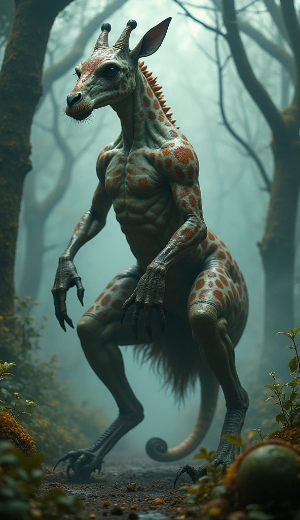 A deer stands in the forest, forest spirit, magical forest, god of the forest, Majestic atmosphere, 8K Digital Art, digital art fantasy, A big deer emitting light from the inside., The presence of translucency, Spiritual dwelling , Fantastic jungle, The horns of the moose are large and sharp, Like a knife, And the horns are made of quartz,X-ray