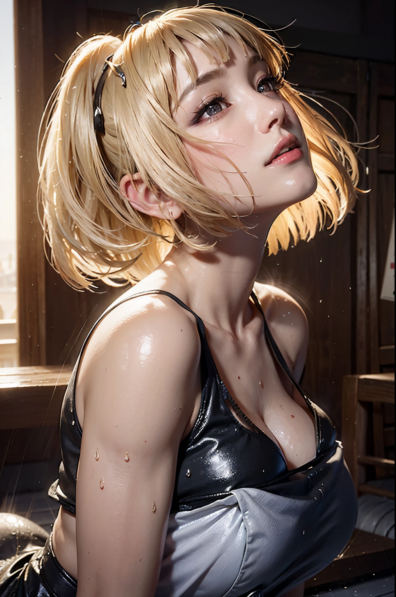 Anime style, Painting, absurderes、perfect anatomia、Lucy、wearing luxury gown , hair ornament, necklace, jewelry, restaurant scene, Masterpiece, RAW Photography, 8k, Top Quality, Fine Pore, Photorealistic, Ultra Detailed, (high skin detail:1.2),Extremely detailed,Intricate, sharp-focus, seras