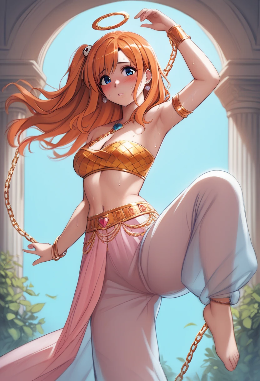 (Masterpiece, Best Quality, High Quality), kousaka honoka , kousaka honoka, blue eyes, orange hair, lavender silk bandeau top with golden accents and dangling ornaments, cleavage,transparent flowing skirt adorned with golden chains and a large blue sapphire centerpiece at the waist,Golden armlets encrusted with tiny jewels,8k wallpaper, looking at viewer, earrings, outdoors, erotic figure, (blushing) , sweating,transparent harem pants,p4l0m4, one hand in crotch, one arm up, standing on one leg, dancing, dutch angel, slightly from side, slightly from below