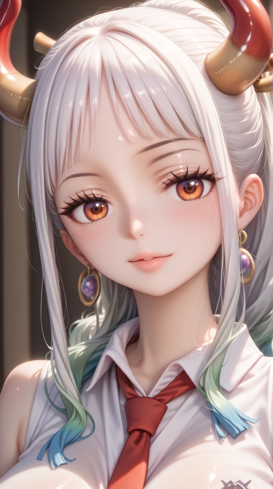 UHD, retina, textured skin, high quality,onepiece　yamato、ヤマト、yamato、 best quality, highres icon, 1080P, HD, 16k、 tie hair at the back、ponytail、red horn、long hair、White　hair、cute、 sexy、gigantic breasts、slim、body blush、shiny skin、pale skin