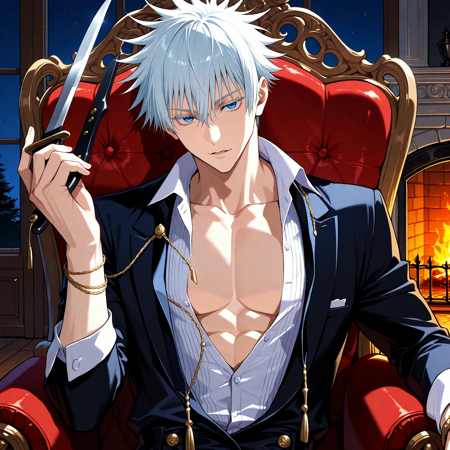 (masterpiece, best quality), (absurdres, highres, 8k), (detailed beautiful face and eyes), (detailed illustration), (super fine illustration), 1boy, vampire hunter, Gojo Satoru, Jujutsu Kaisen, blue eyes, white eyelashes, white hair, short hair, hair between eyes, black elegant fantasy clothes, unbuttoned white shirt, fantasy style, high fashion, handsome, attractive, sexy man, sensual, solo, upper_body, sitting, armchair, holding a small blade, cut on wrist, night, fireplace, manor, professional lighting