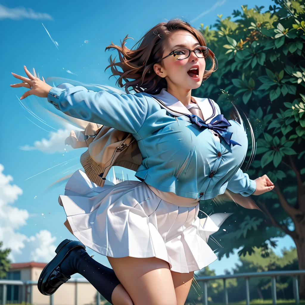 score_9, score_8_up, score_7_up, (best quality), (masterpiece), 1 girl, huge heavy breasts, thick, wide hips, thin waist, bouncing breasts, motion blur, motion lines, blue ribbon, school uniform, white sailor collar, blue cardigan, open cardigan, kneehighs, socks, glasses, jumping, blush