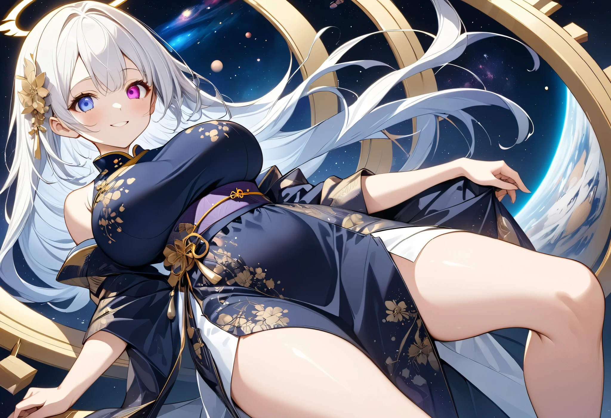 Fresh illustration,
Ultra-fine drawing,
Top quality,
Very delicate illustration,
Very fine details,
Beautiful and charming anime style,
Enchanting anime style,
Super detailed,
Beautiful and sophisticated illustration of a girl,
Full body,
Height 158cm,
Fair skin,
Right eye blue, left eye purple, complete heterochromia,
Large black pupil,
Beautiful eyes,
Super long shiny hair,
Blue roots and white hair elsewhere,
Hair with gradient,
Protruding forehead,
Pretty and cute face,
Rich cheeks,
Small shiny halo floating on the back of the head,
Lowered eyebrows,
Smiling,
Upper body in kimono,
Overall white clothes,
Lower body in Chinese dress,
Black obi,
Tasteful embroidery with gold thread,
Clothes with high-quality texture,
Narrow and sloping shoulders,
Mega breasts,
isometric,
golden ratio,
divine atmosphere,
wearing an indigo-colored stand-up collared inner,
outer space,
multiple galaxies,
countless small stars,
tactical use of shadows,
hair and halo on head do not extend beyond the frame,
clothes do not extend beyond the frame,
bust shot,