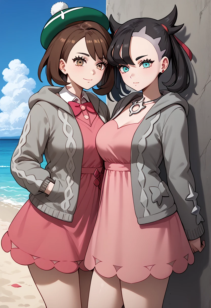 masterpiece, best quality, 32k, high resolution, absurdres, huge breasts, (curvy), cute, eyelashes, vivid colors, 
BREAK 
,,,
2girls, beach, ((zzMarnie, aqua eyes, red ribbon, black hair, pink dress, jewelry, black jacket, open clothes, long sleeves)), BREAK ((Gloria (pokemon), brown eyes, brown hair, short hair, green hat, grey cardigan, hooded cardigan, cable knit, pink dress, green socks, long sleeves, collared dress)), BREAK , huge breasts, lust, visible lust, uncontrollable lust, very horny, naughty face, voyeur, watching other females, pressed against a wall, eyes wide, female focus, woman seducing girl, outside,