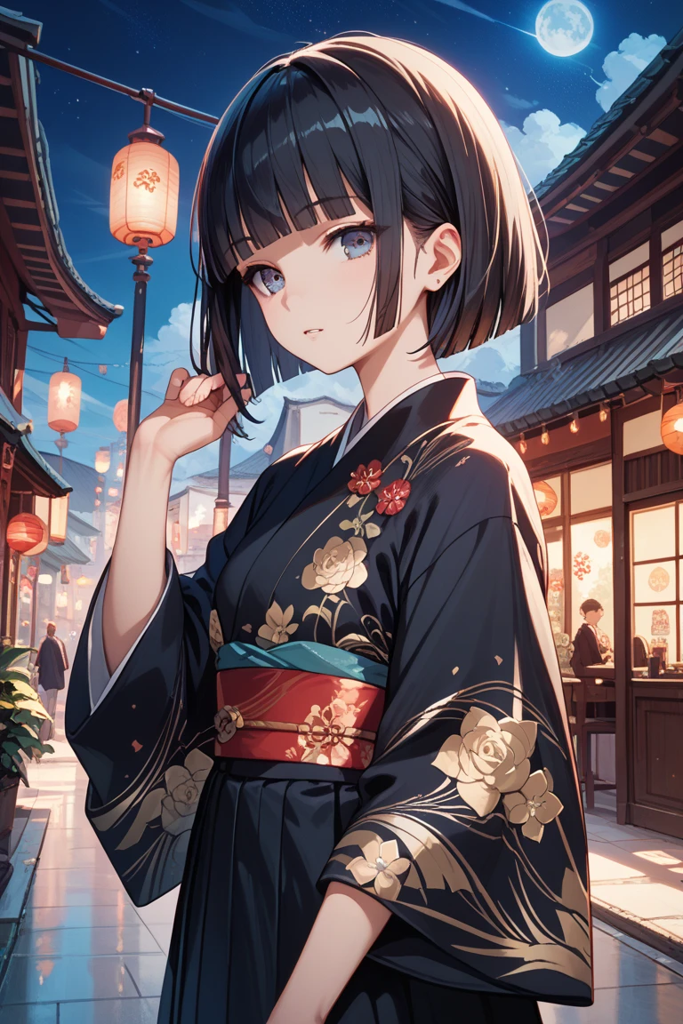 masterpiece, best quality, ultra detailed. 1girl, bob cut, black hair, blunt bangs, blunt ends, black kimono, amaryllis print, night sky