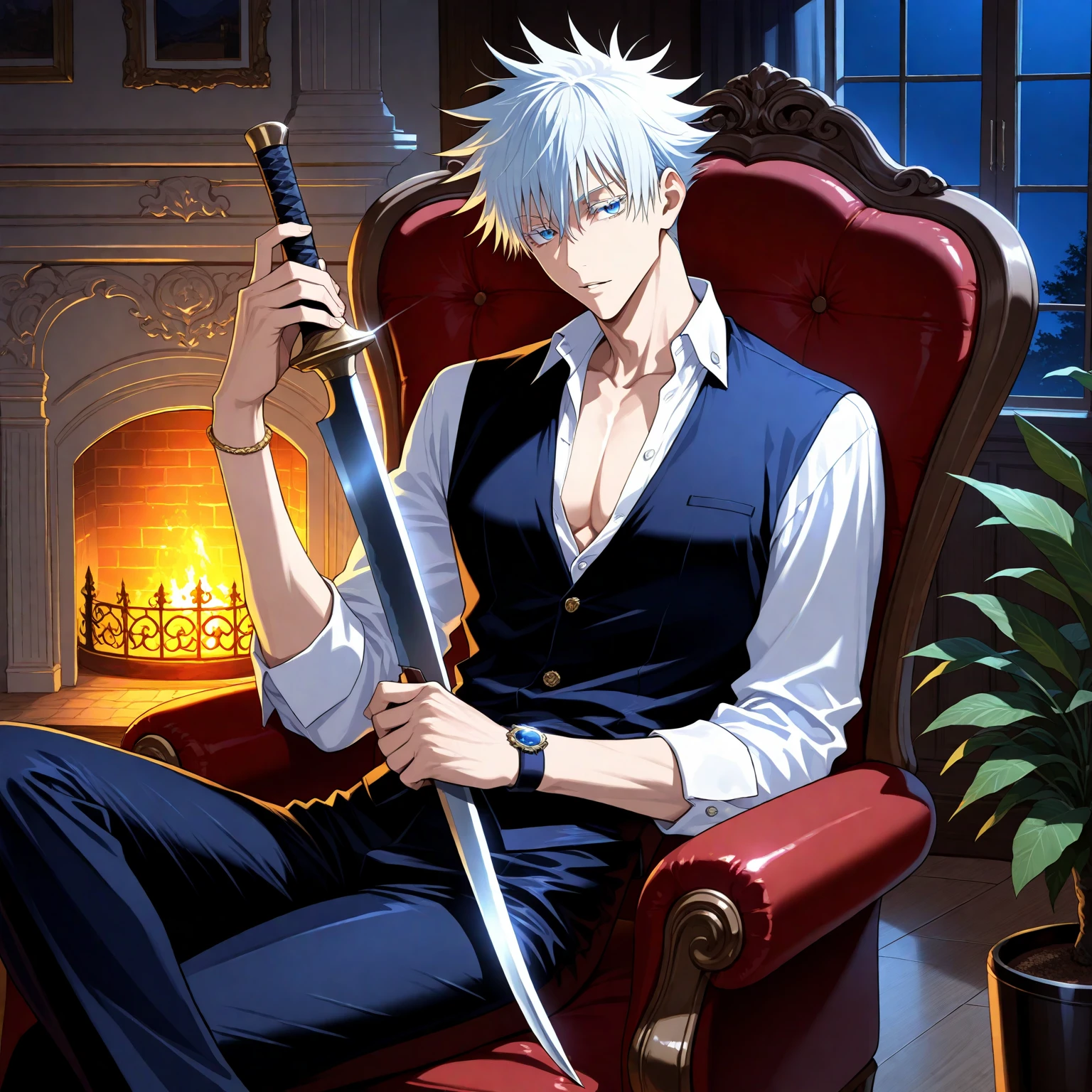 (masterpiece, best quality), (absurdres, highres, 8k), (detailed beautiful face and eyes), (detailed illustration), (super fine illustration), 1boy, vampire hunter, Gojo Satoru, Jujutsu Kaisen, blue eyes, white eyelashes, white hair, short hair, hair between eyes, black elegant fantasy clothes, unbuttoned white shirt, fantasy style, high fashion, handsome, attractive, sexy man, sensual, solo, upper_body, sitting, armchair, holding a small blade, cut on wrist, night, fireplace, manor, professional lighting