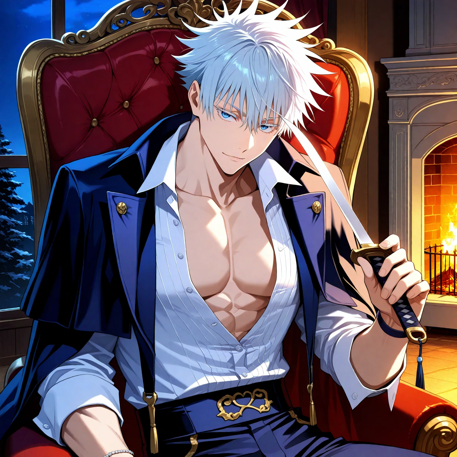 (masterpiece, best quality), (absurdres, highres, 8k), (detailed beautiful face and eyes), (detailed illustration), (super fine illustration), 1boy, vampire hunter, Gojo Satoru, Jujutsu Kaisen, blue eyes, white eyelashes, white hair, short hair, hair between eyes, black elegant fantasy clothes, unbuttoned white shirt, fantasy style, high fashion, handsome, attractive, sexy man, sensual, solo, upper_body, sitting, armchair, holding a small blade, cut on wrist, night, fireplace, manor, professional lighting