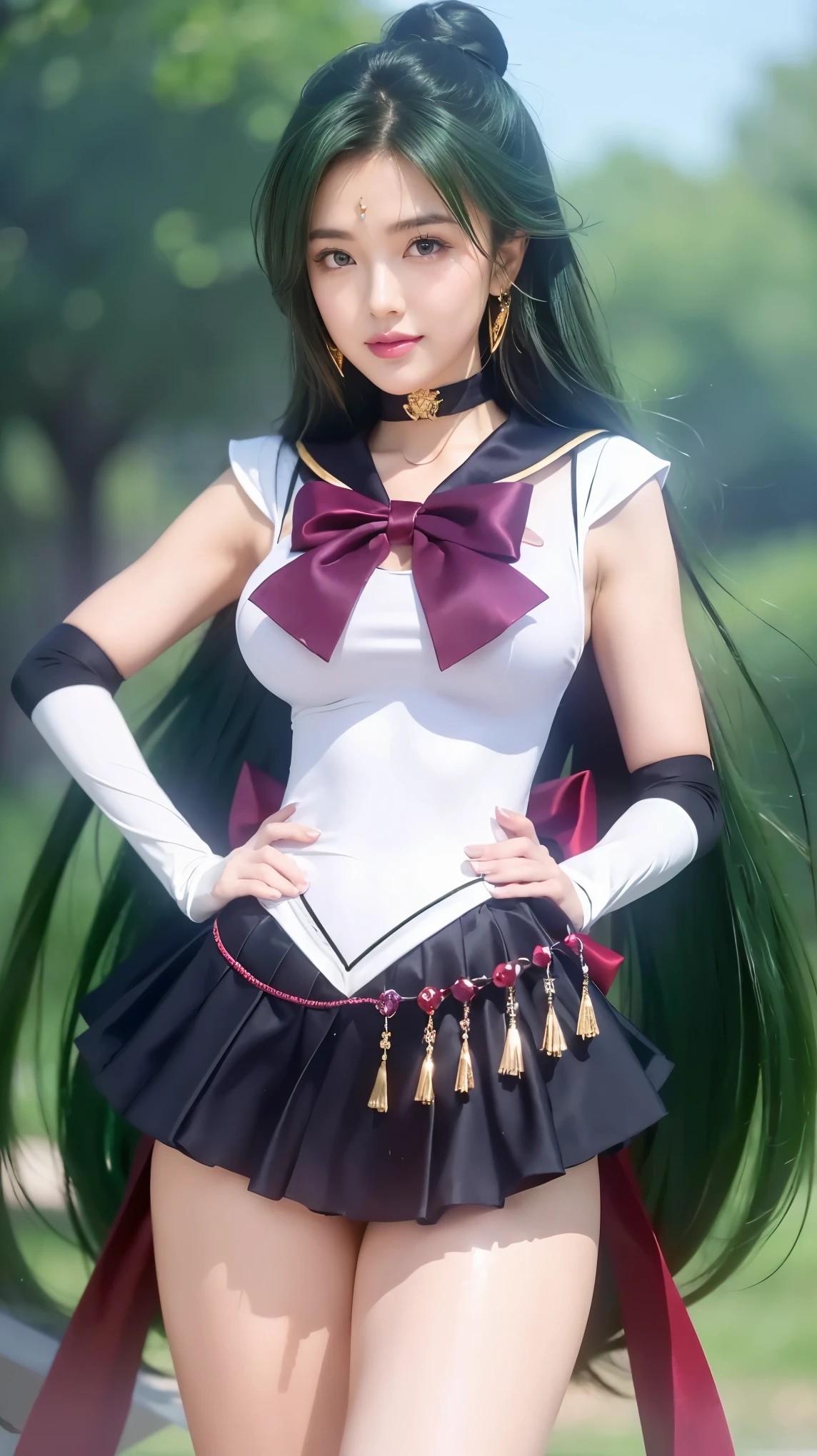 full: 1.3, Stand, Masterpiece, Realistic, Ultra-microscopic, Best Quality, Ultra-detailed 8K CG Unity wallpaper, long dark green hair that shines, with a soft emerald green hue that glows gently when hit by light, the hair is straight and falls to the waist, with the top slightly voluminous to give a natural dimension, there is a straight fringe framing the face, with the ends of the fringe slightly curling inward, giving a soft and feminine impression, at the top of the head, the hair is tied into a neat small round bun, adding an elegant touch to the overall style, the ends of the hair look smooth and textured, reflecting good care, the hair appears soft and light, moving beautifully with the wind, giving a realistic and lively impression. (hair must match the reference image), (all hair is dark green), intricate details, (1 woman), 25 years old, (Sailor Pluto, Adult woman, Large breasts, Aqua eyes, Dark green hair, Mei Xiaofu, Sky away, mer1, Sailor senshi uniform), Sailor senshi uniform: 1.2, Sailor Pluto, (Curved chest: 1.4, Tall, Feminine: 1.4, Abdominal muscles: 1.2, Very tall, Perfect proportions, Long and sexy legs, Sexy and dynamic model pose), A small, luxurious golden crown on the forehead: 1.2, Bare upper arms: 1.2, Long white latex gloves, Adorned with luxurious gold accents: 1.2, Smooth and shiny skin: 1.5, Sleek and sexy gravel dress: 1.3, Dark black brooch, Chest adorned with a large dark brown ribbon: 1.2, Sexy black mini skirt in front: 1.1, Black mini skirt in front, White leotard, Dark black gloves, At the elbows), (There is a large dark brown ribbon at the hips: 1.3, Black necklace, cleavage, Seksi dan berani, Red spoon-shaped earrings, dark black high heels, luxurious gold accents), ((Seductive smile, very beautiful face, facial details: 1.5, natural makeup, slightly flushed cheeks, Bright red eyes, beautiful face, beautiful eyes, shiny red lips, large breasts, Thin and shiny lips: 1.3, thin and sharp eyebrows, long and dark eyelashes, double