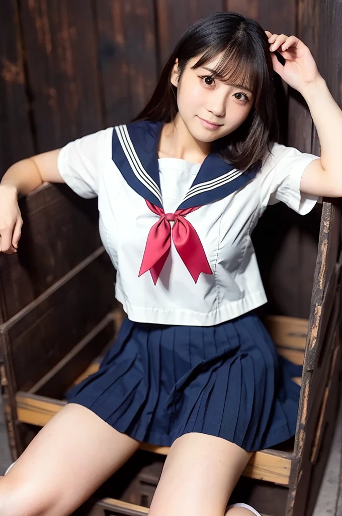 Very detailedな CG Unity 8k 壁紙, Highest quality, Very detailed, masterpiece, Realistic, photo Realistic, Photographing the whole body from a distance、Very detailedなかわいい 14 歳の女子, (((Try lifting your skirt))), (Lift it yourself),  Camel Toe、Natural Makeup、(masterpiece:1.3, Highest quality, Ultra-high resolution, Very detailed), (Realistic:1.1, photoRealistic:1.4)、School Life、In the classroom、Enjoying alone、Blushing、Xiaowa、Beautiful detailsまでこだわった髪, Beautifully detailed face, Beautiful details, Camel Toe、Beautiful clavicle, Beautiful body, Beautiful breasts, Beautiful thighs, Beautiful feet, Beautiful fingers, 
View your viewers, 1 Girl, Japanese, 14-year-old girl、smile、Perfect Face, (Perfect Anatomy, Anatomically correct), Cute and symmetrical face, Baby Face,  細部にまでこだわったWhite skin, Skirt flip、Camel Toe、Skirt flip、((Lower body naked))、((Wear loafers and socks))、(Cute side twin tails:1.5,brown、Scrunchie), Asymmetrical bangs, black eye, Long eyelashes, (Small Box)、Very slim figure、thin, blush, Lips parted, Looking at the audience  ((Cute short-sleeved sailor uniform:1.5))、In a Japanese classroom、Detailed slender legs、White skin、Skirt flip、Camel Toe、Skirt flip、(2 legs、Black knee-high socks:1.2)、((One young junior high school student))、((Low Angle Portrait:1.5))