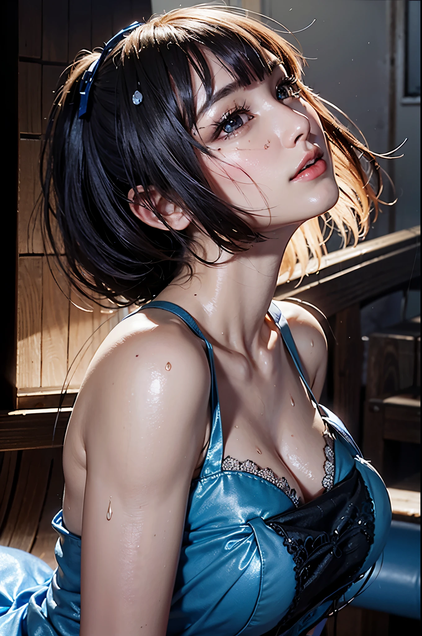 Short hair, outdoors, fair skin, messy hair, open mouth, Japanese woman, So cute, Soft and Face, Brown Hair, 8K resolution, Ultra-realistic, Super Definition, Soft Body Tight Ass Night, H Cup ((Highest quality, 8K, masterpiece: 1.3)), Super Definition Face, Super Definition Lips, Beautiful Eyes, Double eyelid naked woman