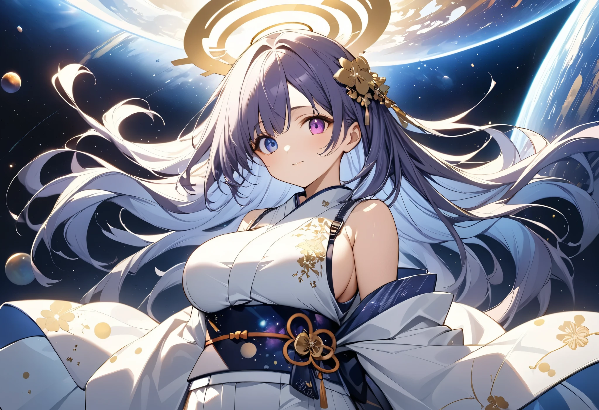 fresh illustration ,
Superfine painting,
top quality,
very delicate illustration ,
Very fine details ,
beautiful attractive anime style ,
Fascinating anime style ,
more details,
beautiful and sophisticated illustration of one girl ,
full body view,
Height: 158cm,
Fair skin,
right eye blue left eye purple perfect heterochromia ,
large black pupils ,
beautiful eyes,
Shiny super long hair ,
The roots of the hair are blue and the others are gray ,
hair has gradations
The forehead is sticking out,
pretty and cute face ,
Cheeks are ruddy,
A small, shiny halo is floating on the back of the head,
Lowering the eyebrows,
since age 27,
The upper half of the body is in a traditional Japanese kimono,
Overall white clothes ,
lower body Nadres ,
The color of the belt is black ,
The design is tastefully embroidered with gold thread,
fine fabric clothing ,
Shoulder-width narrower shoulders,
mega breasts,
Isometric,
Golden Ratio,
god々 like atmosphere,
The undershirt is indigo-colored with a stand-up collar,
outer space ,
There are multiple galaxies ,
Little Star々 upper body ,
tactical use of shadows ,
The circle of hair and head does not show the angle of view,
Clothes don't show the angle of view ,
Bust Shots,