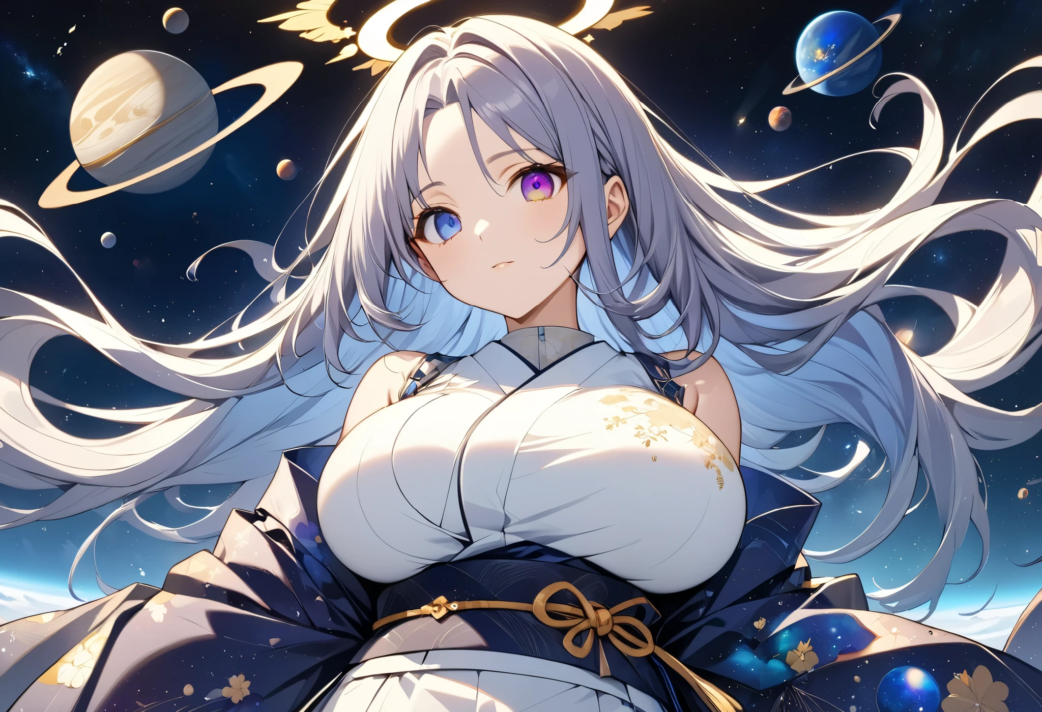 fresh illustration ,
Superfine painting,
top quality,
very delicate illustration ,
Very fine details ,
beautiful attractive anime style ,
Fascinating anime style ,
more details,
beautiful and sophisticated illustration of one girl ,
full body view,
Height: 158cm,
Fair skin,
right eye blue left eye purple perfect heterochromia ,
large black pupils ,
beautiful eyes,
Shiny super long hair ,
The roots of the hair are blue and the others are gray ,
hair has gradations
The forehead is sticking out,
pretty and cute face ,
Cheeks are ruddy,
A small, shiny halo is floating on the back of the head,
Lowering the eyebrows,
since age 27,
The upper half of the body is in a traditional Japanese kimono,
Overall white clothes ,
lower body Nadres ,
The color of the belt is black ,
The design is tastefully embroidered with gold thread,
fine fabric clothing ,
Shoulder-width narrower shoulders,
mega breasts,
Isometric,
Golden Ratio,
god々 like atmosphere,
The undershirt is indigo-colored with a stand-up collar,
outer space ,
There are multiple galaxies ,
Little Star々 upper body ,
tactical use of shadows ,
The circle of hair and head does not show the angle of view,
Clothes don't show the angle of view ,
Bust Shots,