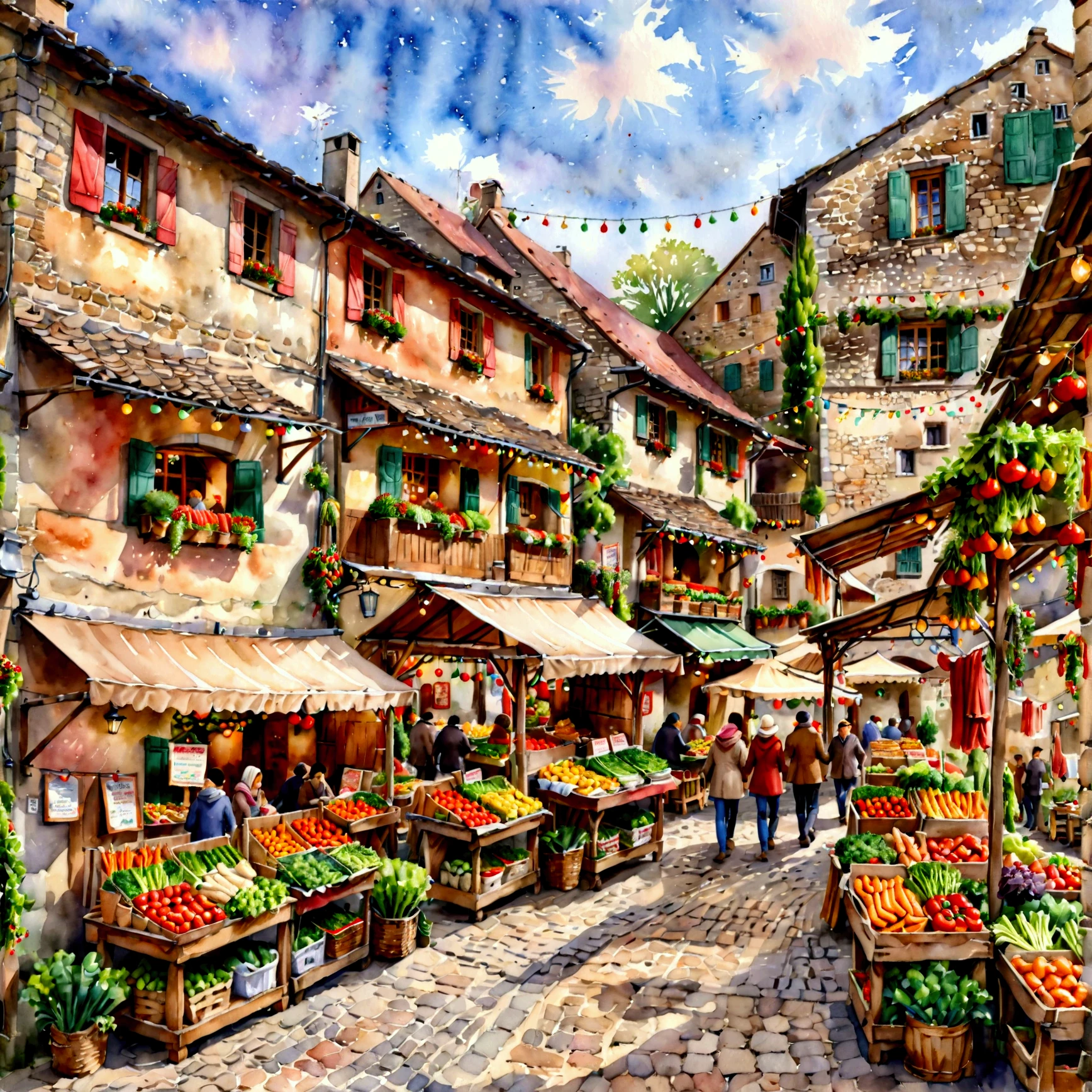 A watercolor-style illustration of a charming, pastoral village square filled with multiple street food stalls showcasing an array of colorful vegetables. The stalls are adorned with rustic wooden frames, cloth awnings, and vibrant displays of fresh produce like carrots, tomatoes, peppers, and leafy greens. The square is lively, with villagers mingling, ren running, and a festive atmosphere in the air. Strings of small lights and simple decorations hang between stalls, adding to the celebratory vibe. The surrounding village buildings have a quaint, European countryside charm, painted in muted tones of beige, red, and brown. The overall scene is warm, inviting, and brimming with rustic beauty, (watercolor style, pastoral village square, multiple food stalls, colorful vegetables, rustic wooden frames, cloth awnings, festive atmosphere, villagers, ren, strings of lights, quaint European countryside, muted tones, beige, red, brown, warm, inviting, rustic beauty)