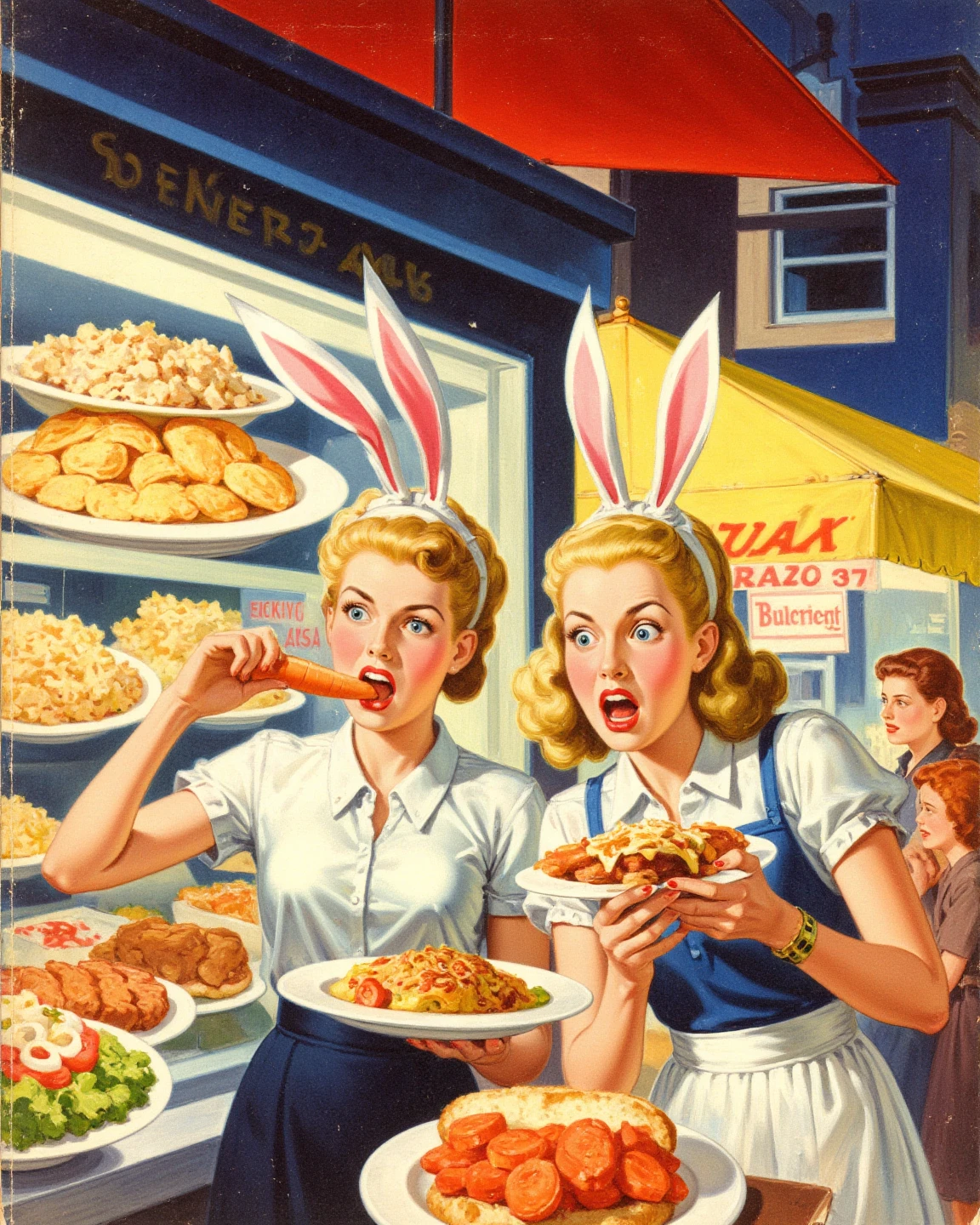 street food stall, colorful, vibrant street scene, mouthwatering dishes, American food stalls from the 1950s, Set in America in the 1950s. 
2 girls, Preppy Style fashion, Girls holding food, Bunny ears, Girl biting into a carrot, Surprise expression, Clear Line Pop Art, Graphic design-style layout and color sense, pulp fiction, in the style of rudolph-belarski