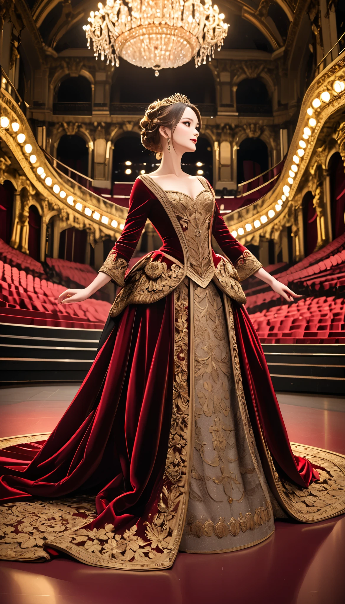 An elegant opera singer performing on the grand stage of the Palais Garnier, the iconic opera house in Paris. She is wearing a luxurious, floor-length gown with intricate gold embroidery, shining under the warm glow of the stage lights. Her posture is poised and graceful as she holds a dramatic pose, one hand extended towards the audience. The stage is adorned with opulent red velvet curtains and an elaborate Baroque-style set, featuring golden embellishments and grand chandeliers. The atmosphere is majestic, capturing the timeless elegance and artistic grandeur of a classical opera performance