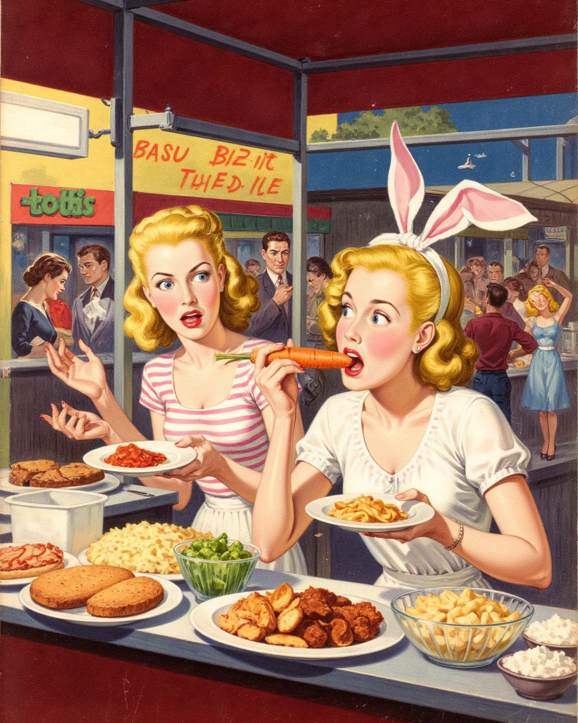 street food stall, colorful, vibrant street scene, mouthwatering dishes, American food stalls from the 1950s, Set in America in the 1950s. 
2 girls, Preppy Style fashion, Girls holding food, Bunny ears, Girl biting into a carrot, Surprise expression, Clear Line Pop Art, Graphic design-style layout and color sense, pulp fiction, in the style of rudolph-belarski