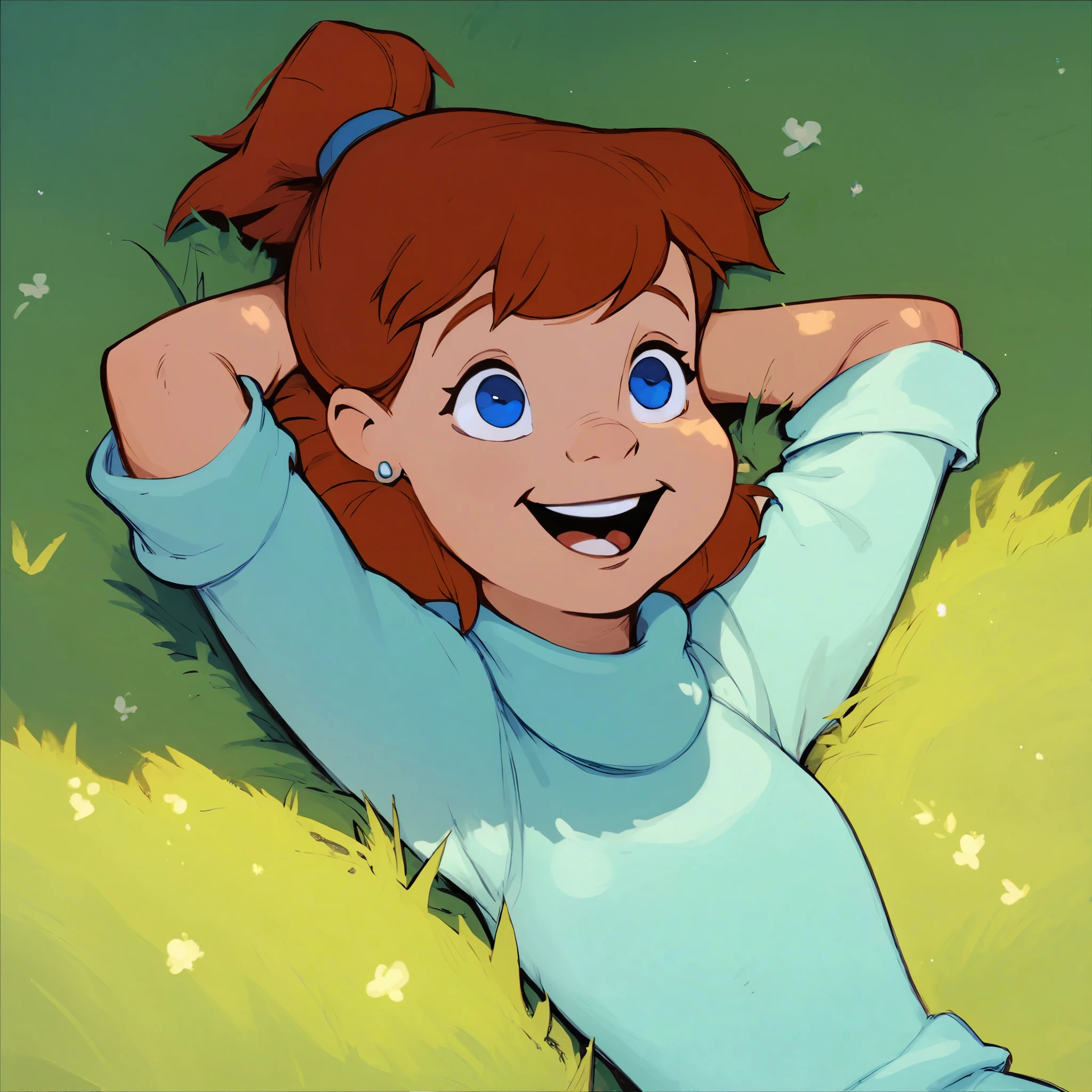 score_8, score_9, jenny, brown hair, ponytail, blue eyes, earrings, lying on back, in grass, hands behind head, open smile