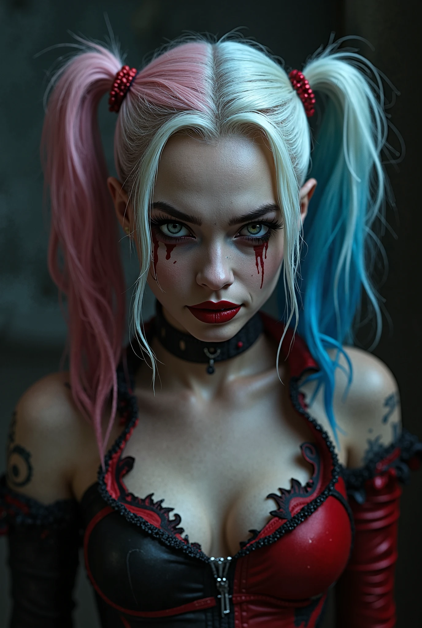 Illustration of 1girl, (Harley Quinn (DC Comics):1.5), posing for a fashion magazine, A flirtatious look over the shoulder with tousled hair, A luxurious, fur stole that adds a touch of elegance to any outfit, Luis Royo Style, intricate details,