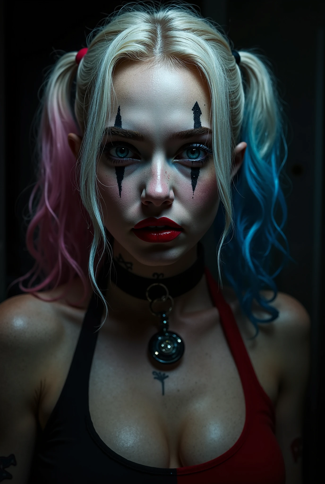 (Best Quality,4k,8k,high resolution,Masterpiece:1.2),ultra detailed,(realist,photorealist,photo-realist:1.37),portrait,comic style,playful,Energetic, vibrant colors, dramatic lighting,seductive, evil smile,Blue and pink color scheme, harley quinn costume,expressive eyes, messy hair,whimsical background, dynamic pose,confident attitude,makeup smeared,sparkling personality,disturbed beauty, iconic bat motif, striking tattoos, rebellious spirit, gotham city skyline,laugh in the face of danger,bold elegance