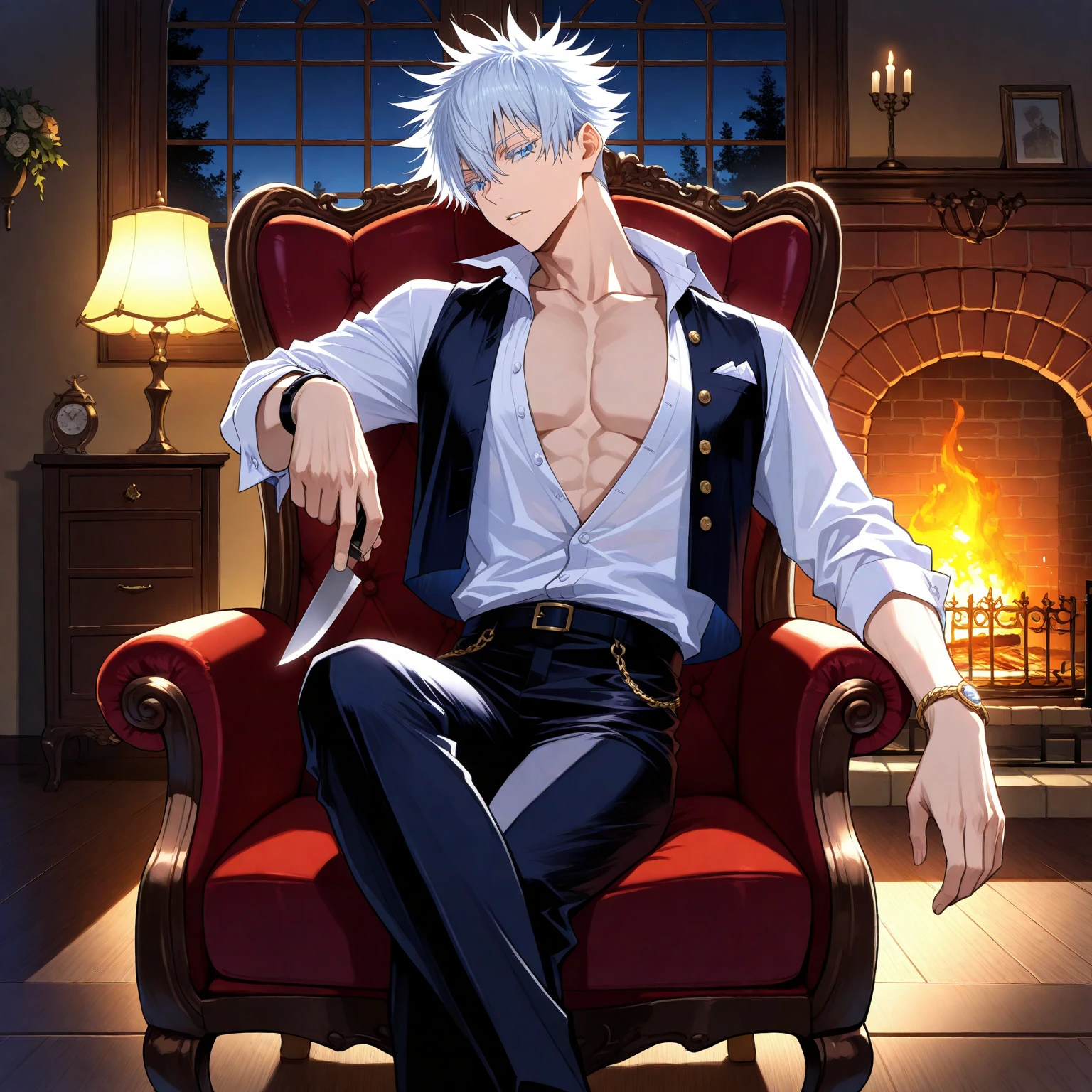 (masterpiece, best quality), (absurdres, highres, 8k), (detailed beautiful face and eyes), (detailed illustration), (super fine illustration), 1boy, vampire hunter, Gojo Satoru, Jujutsu Kaisen, blue eyes, white eyelashes, white hair, short hair, hair between eyes, black elegant fantasy clothes, unbuttoned white shirt, fantasy style, high fashion, handsome, attractive, sexy man, sensual, solo, upper_body, sitting, armchair, holding a short knife, cut on wrist, night, fireplace, manor, professional lighting