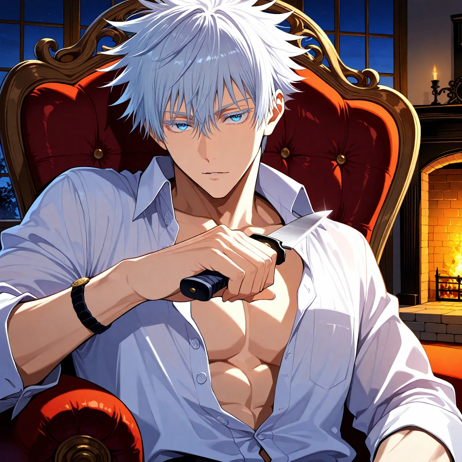 (masterpiece, best quality), (absurdres, highres, 8k), (detailed beautiful face and eyes), (detailed illustration), (super fine illustration), 1boy, vampire hunter, Gojo Satoru, Jujutsu Kaisen, blue eyes, white eyelashes, white hair, short hair, hair between eyes, black elegant fantasy clothes, unbuttoned white shirt, fantasy style, high fashion, handsome, attractive, sexy man, sensual, solo, upper_body, sitting, armchair, holding a short knife, cut on wrist, night, fireplace, manor, professional lighting