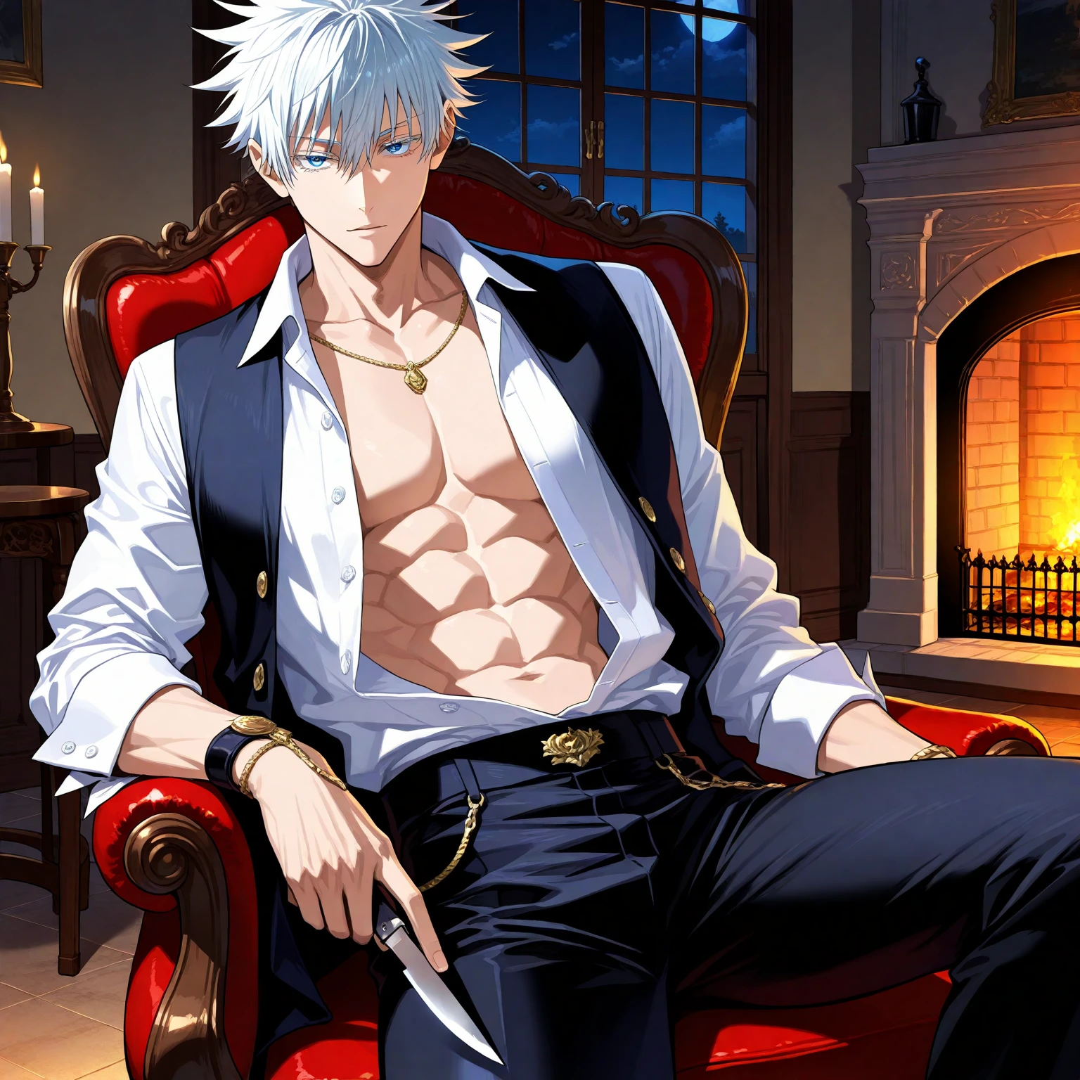 (masterpiece, best quality), (absurdres, highres, 8k), (detailed beautiful face and eyes), (detailed illustration), (super fine illustration), 1boy, vampire hunter, Gojo Satoru, Jujutsu Kaisen, blue eyes, white eyelashes, white hair, short hair, hair between eyes, black elegant fantasy clothes, unbuttoned white shirt, fantasy style, high fashion, handsome, attractive, sexy man, sensual, solo, upper_body, sitting, armchair, holding a short knife, cut on wrist, night, fireplace, manor, professional lighting