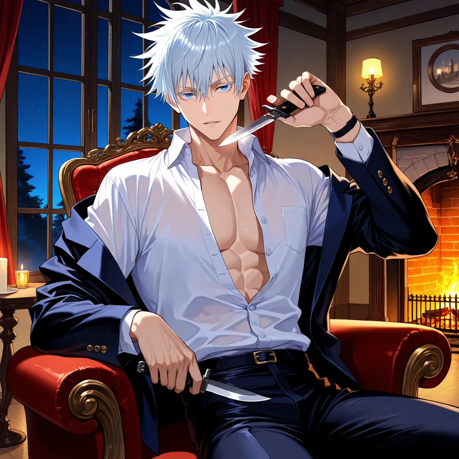 (masterpiece, best quality), (absurdres, highres, 8k), (detailed beautiful face and eyes), (detailed illustration), (super fine illustration), 1boy, vampire hunter, Gojo Satoru, Jujutsu Kaisen, blue eyes, white eyelashes, white hair, short hair, hair between eyes, black elegant fantasy clothes, unbuttoned white shirt, fantasy style, high fashion, handsome, attractive, sexy man, sensual, solo, upper_body, sitting, armchair, holding a short knife, cut on wrist, night, fireplace, manor, professional lighting