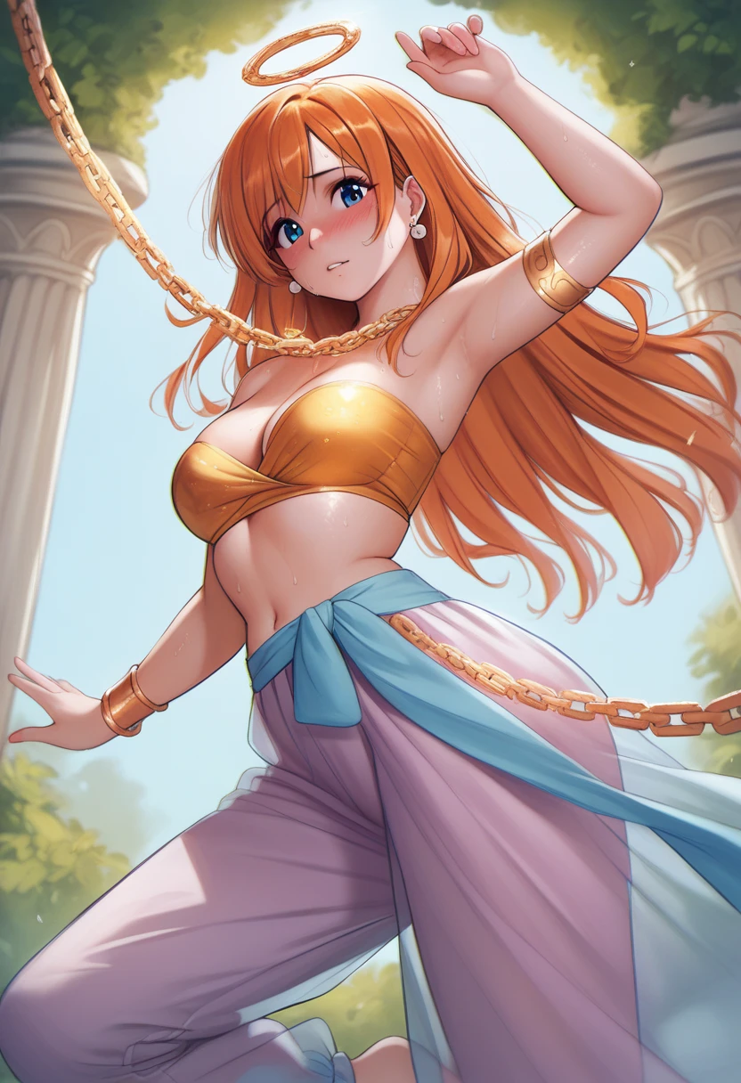 (Masterpiece, Best Quality, High Quality), kousaka honoka , kousaka honoka, blue eyes, orange hair, lavender silk bandeau top with golden accents and dangling ornaments, cleavage,transparent flowing skirt adorned with golden chains and a large blue sapphire centerpiece at the waist,Golden armlets encrusted with tiny jewels,8k wallpaper, looking at viewer, earrings, outdoors, erotic figure, (blushing) , sweating,transparent harem pants,p4l0m4, one hand in crotch, one arm up, standing on one leg, dancing, dutch angel, slightly from side, slightly from below