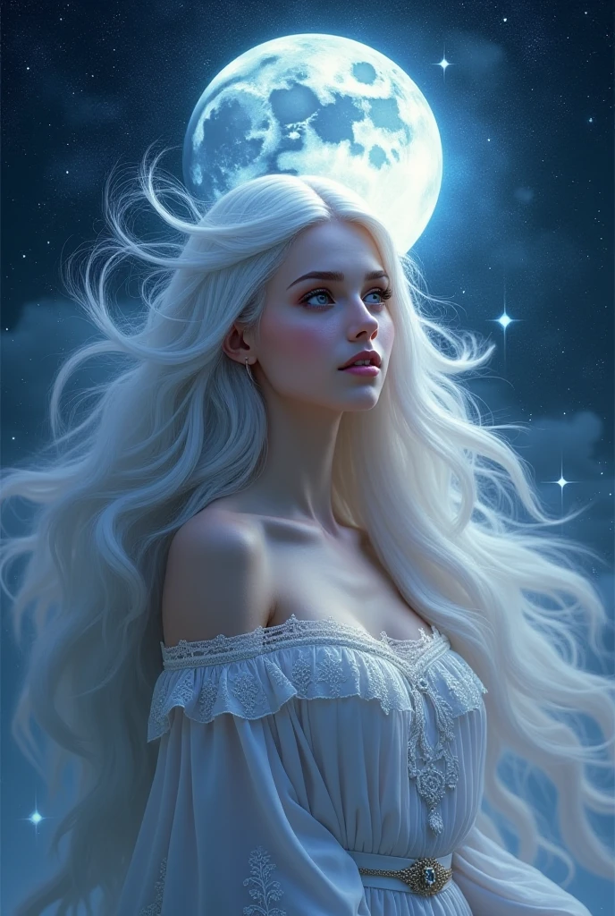 Moon Goddess　The background is a fantastic starless night　Face is clearly visible from the front　Celtic white clothing　smile