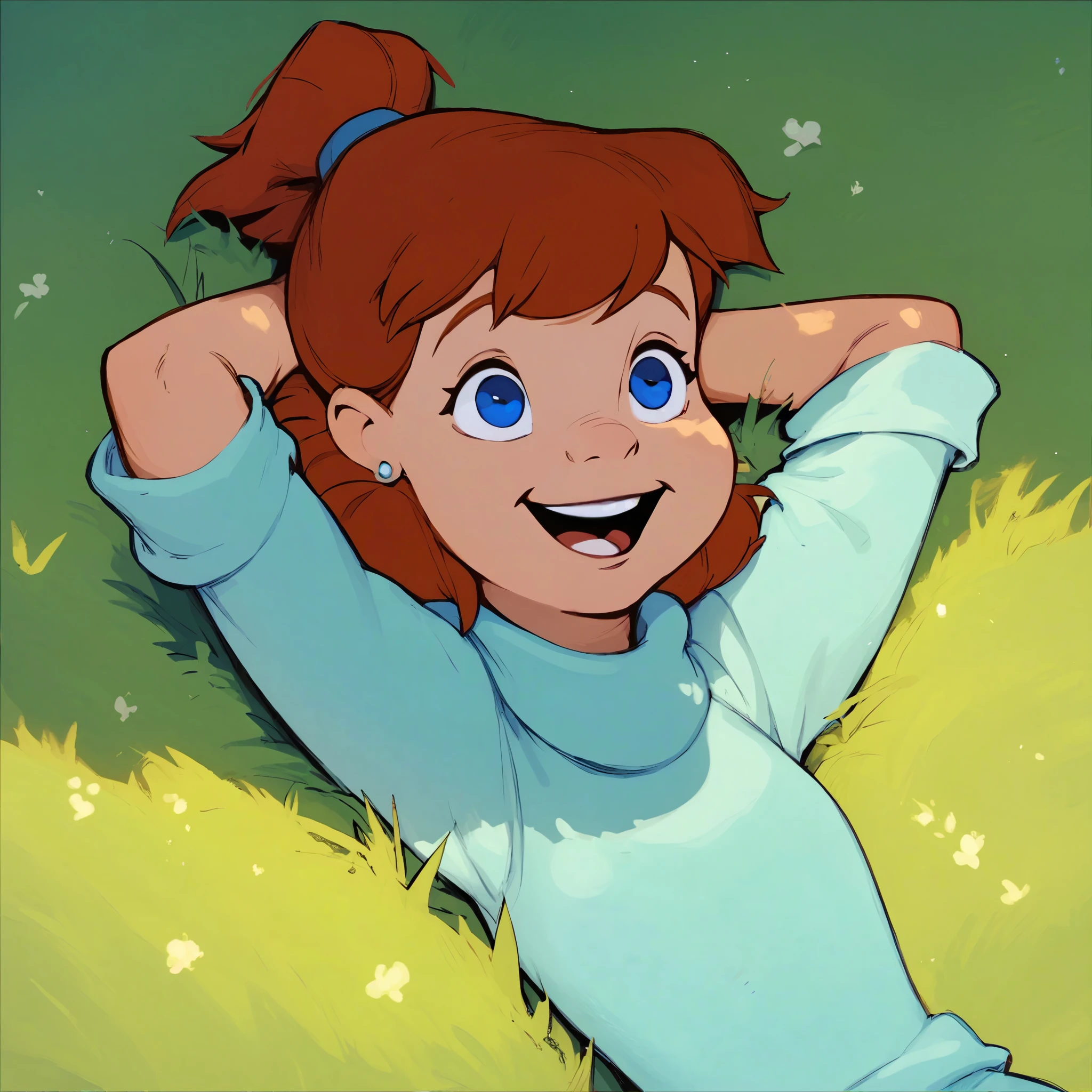 score_8, score_9, jenny, brown hair, ponytail, blue eyes, earrings, lying on back, in grass, hands behind head, open smile