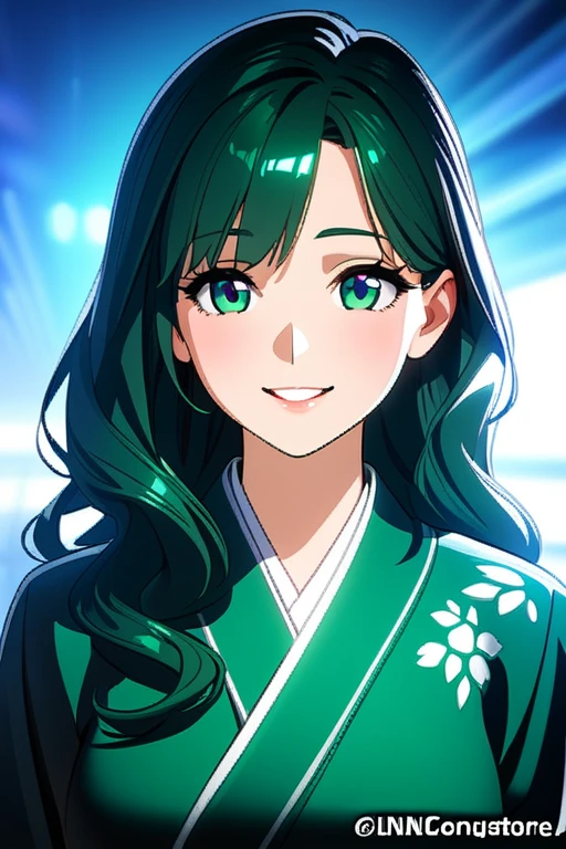   1 girl、 beautiful woman around 30 years old 、  Kimono is congratulatory cherry blossom pattern 、  hair length is long wavy hair、Hair color is dark blue green 、 emerald green eyes、 bright smile、  facing here 、  profile 、In 8K、 lens flare 、 fun atmosphere、Shine、Refined 、  complicated 、Many colors、  bright light from the front with blue background 、  Trending art station 、Extremely detailed 、  Unreal Engine 5 、masterpiece、 top quality 、 Complete、 color is clear color 