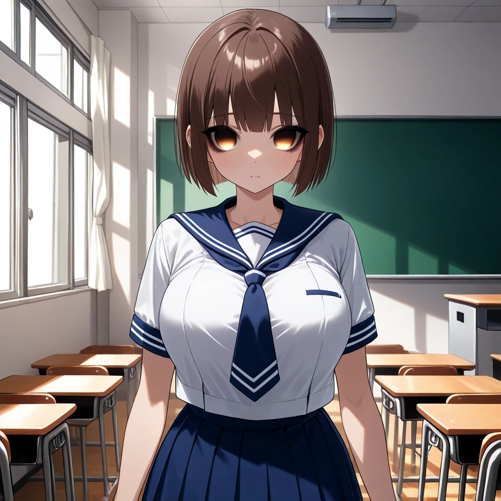  face focus,  soft light,  ultra high definition,   RAW photos ,  1 Japanese Girl , solo,  cute,  ( brown eyes,  light in the eyes ),  detailed and beautiful face , ( big breasts), ( high-resolution detail of human skin texture), ( short bob hair ), break, In the classroom,  navy blue sailor suit, vest,  skirt 