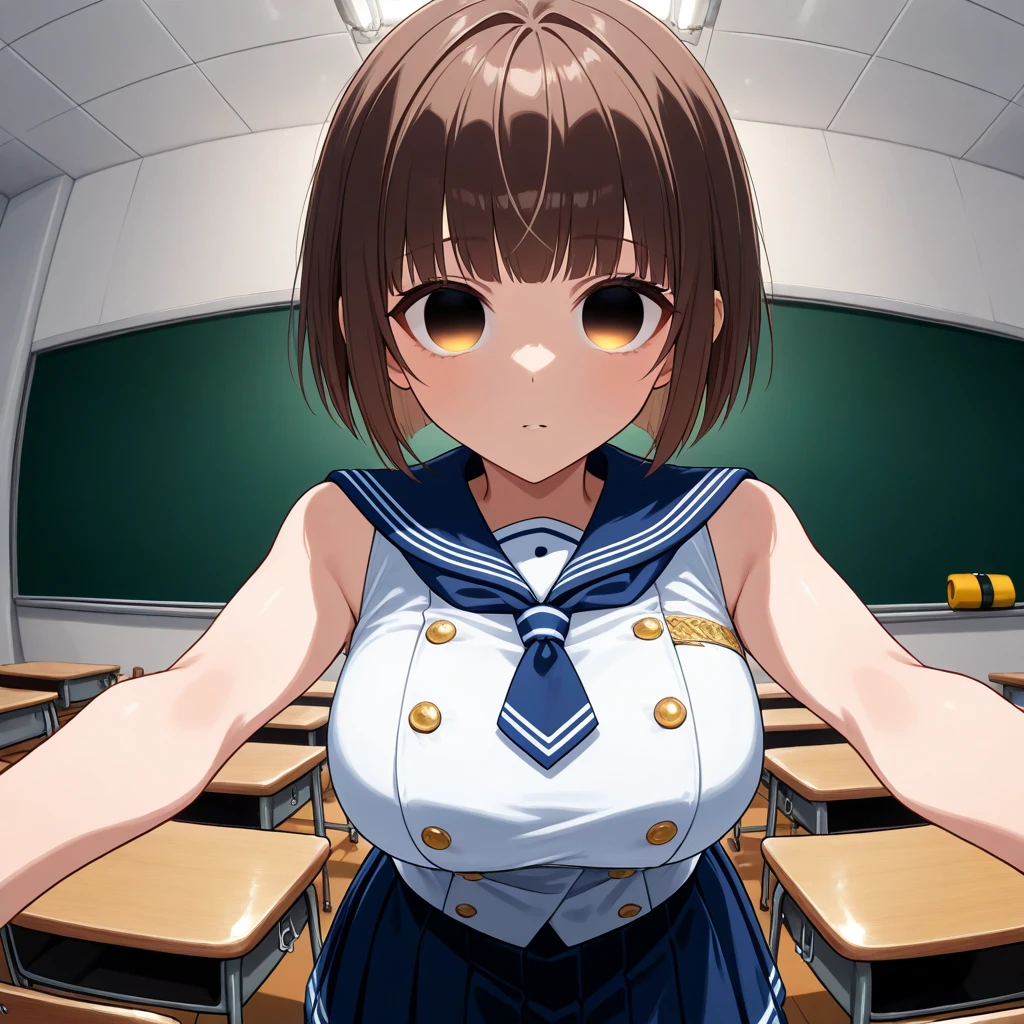  face focus,  soft light,  ultra high definition,   RAW photos ,  1 Japanese Girl , solo,  cute,  ( brown eyes,  light in the eyes ),  detailed and beautiful face , ( big breasts), ( high-resolution detail of human skin texture), ( short bob hair ), break, In the classroom,  navy blue sailor suit, vest,  skirt 