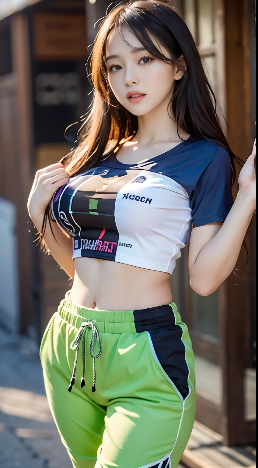 Masterpiece,Ultra photo realsisim,32K,Extremely detailed Cg Unity 8K wallpaper, Best quality, Highly detailed face, Realistic face, Surreal face, (Film Overlay, filmgrain:1.3), High contrast, Dim light, 1girll, Solo, standing, (bright  daylight, day, pine woods, paths, green trees, bushes), (disguise) army suit, baggy pants, Open jacket, Beige sports bra, military hat, pony tails, Large breasts, Firm muscles, (Trained abs), Tall woman, Black hair, Blue eyes, Long ponytail