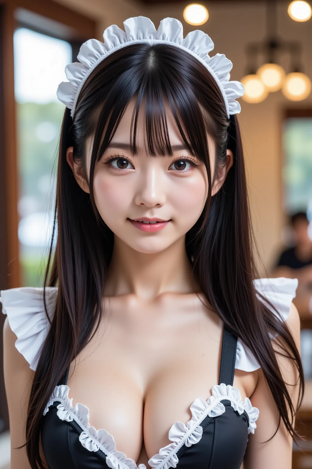 a lot of details, (slender waist), 30 years old, detailed black hair, beautiful detailed hair, super fucking beautiful, complex details beautiful and delicate eyes, perfect hands, (small breasts best quality), perfect and delicate limbs, detailed skin, best quality, ultra-detailed,
Japanese maid, long-focus, imid shot, thick thighs, hand up, incredibly detailed, Elegant hair, doyagao, maid dress, white footwear, aqua Clothes, Tables and chairs in disarray,