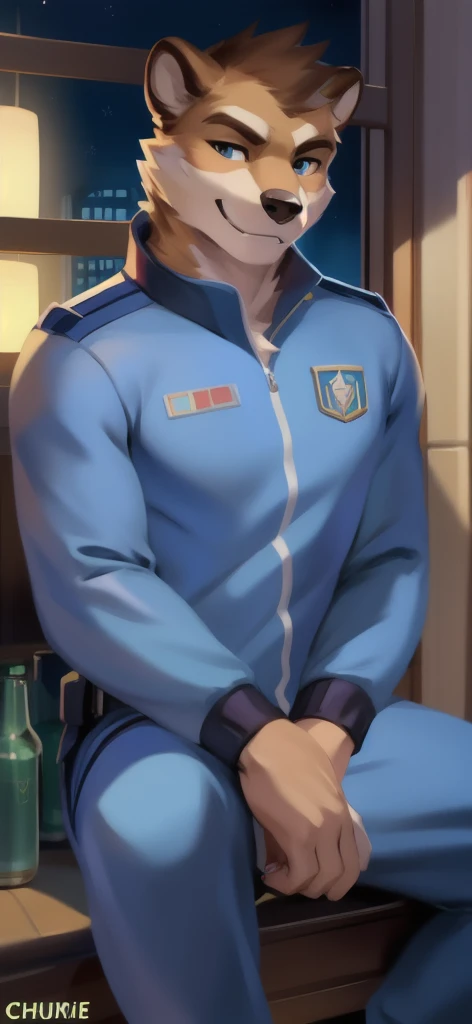 masterpiece, best quality, extremely delicate and beautiful, highres, original, Fidel Camuze, 1boy, boy, male, short hair, blue hair, Blue eyes, blue coat, hood, unhooded, upper body, grassland, looking at viewer, smile,Huge penis,Huge muscles
