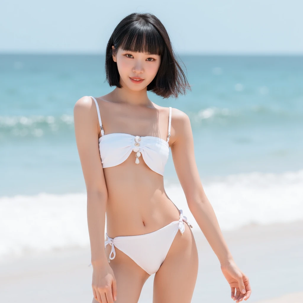  white skin，naked，completely naked， She has a bombshell body and  、Wearing a bikini ,      pretends to be a fashion model but turns pale, (   beach   ),    beautiful details  ,  face , high definition , 