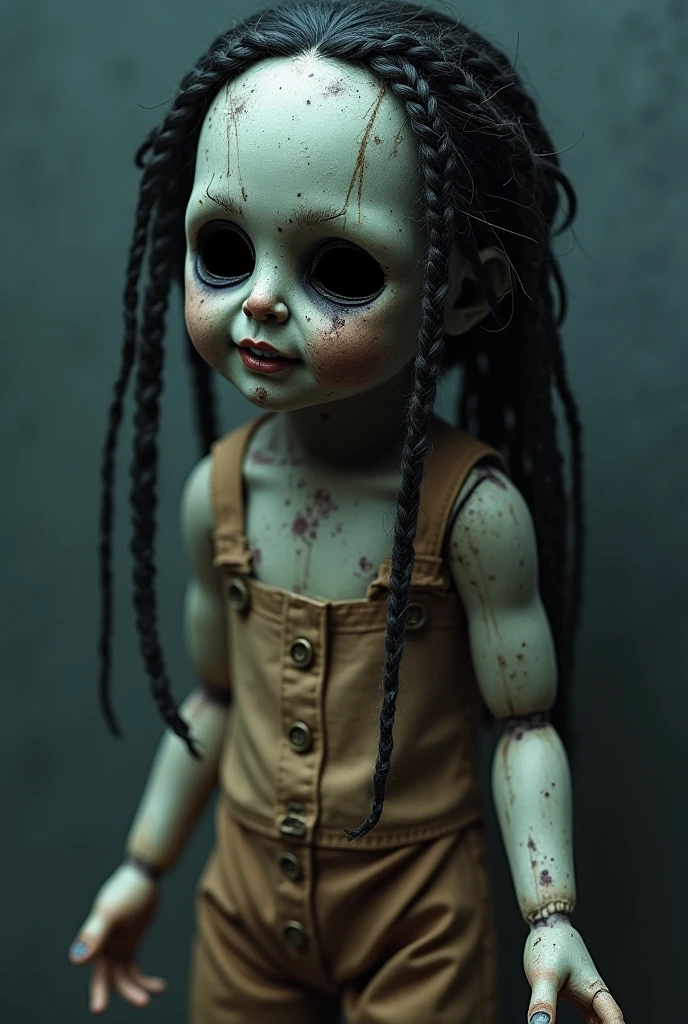 Voodoo doll in the center with two needles in the chest.
