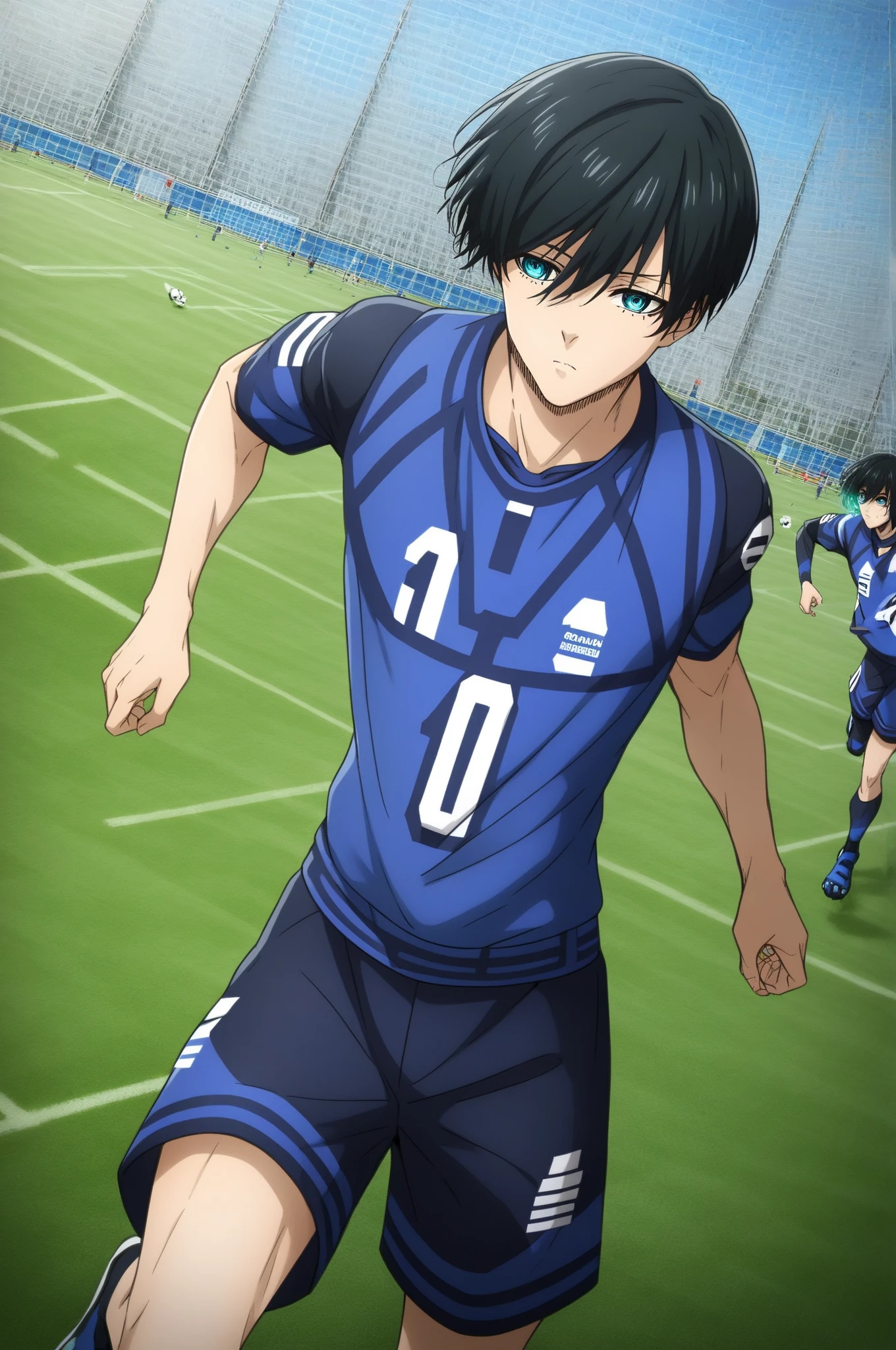 score_9, score_8_up, score_7_up, source_anime, BREAK, 1boy, bishounen, pale skin, (facing to the side, three quarter view:1.4), BREAK, dark green hair, teal eyes, (detailed eyes:1.2), (toned body:1.2), soccer uniform, BREAK, outdoors, soccer field, running, boy, rin_itoshi