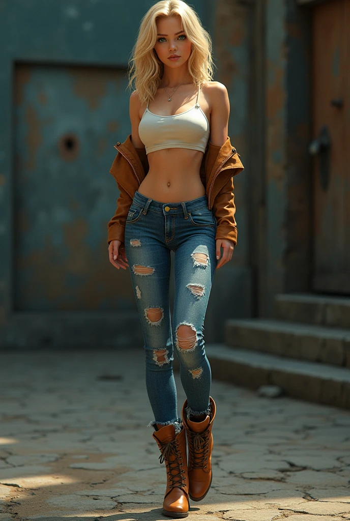 22 year old white female、Hair color is platinum blonde、blue eyes、long hair、straight hair、ponytail、accessories on wrist、wearing a necklace、has earrings、skin is smooth、Slender but muscular body、smile、My abs are cracked、I can see my bellybutton、She is wearing a long-sleeved shirt that shows her underboob.、I&#39;m wearing hot pants、Climbing the long, narrow, steep stone stairs in the old town、smile