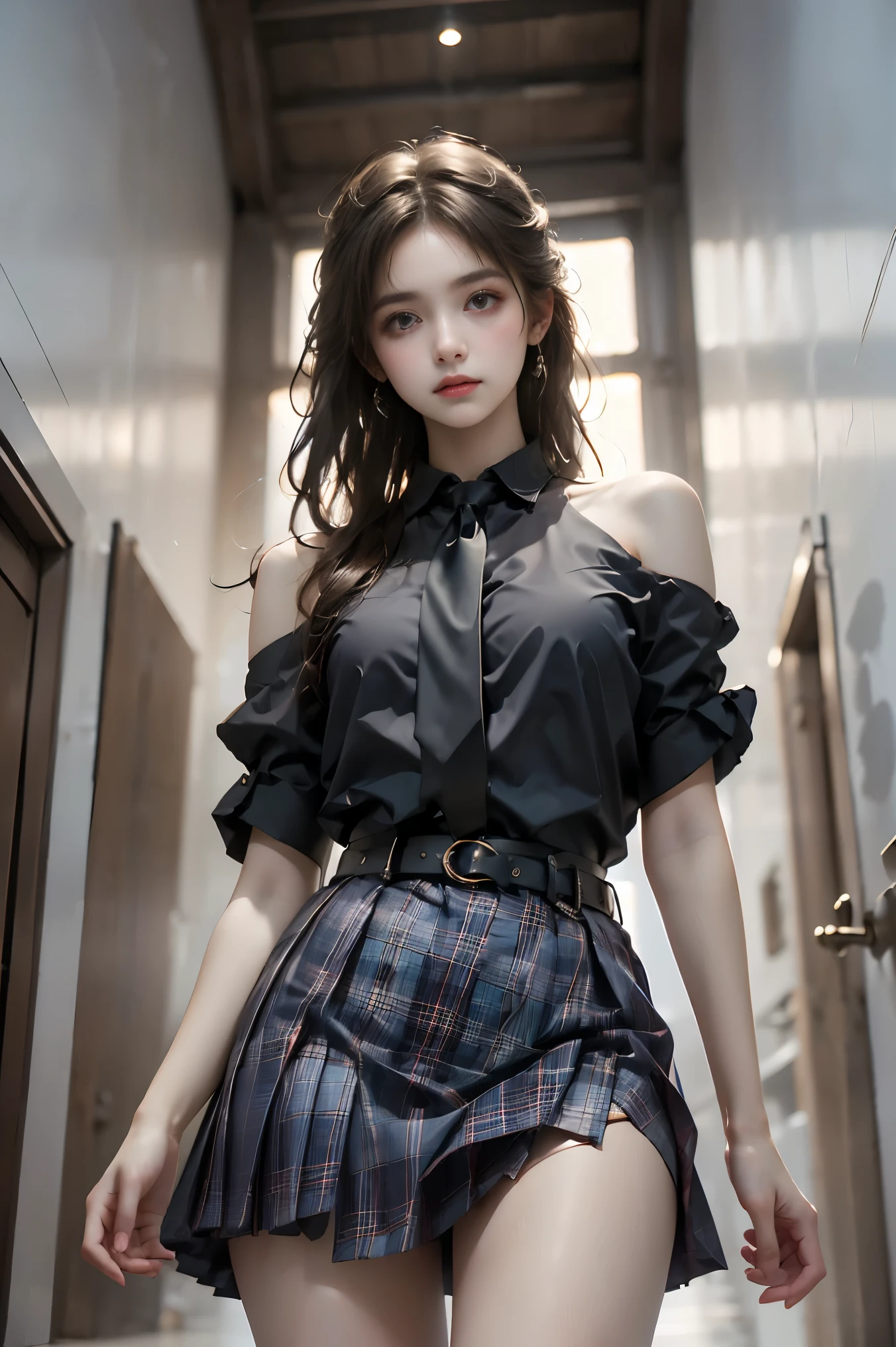 skirt,plaid necktie,belt,plaid skirt,black shirt,bowtie, (cowboy shot:1.3), (from below:1.2),photorealistic beautiful woman, fashion model with long legs, (standing in hallway:1.2), portico corridor,  single bare shoulder,     (elegant contrapposto pose:1.2), graceful stance, slim athletic figure, (high detailed skin:1.2), (Full breasts, visible cleavage, very short hemlines, revealing smooth thighs), soft ambient lighting, cinematic lighting, depth of field, 85mm portrait photography, natural shadows, professional fashion photography, high-end magazine style,  high resolution, masterpiece, best quality,  intricate details, hyperrealistic