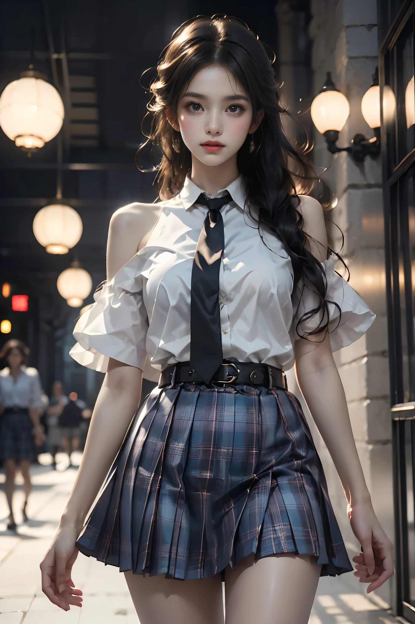 skirt,plaid necktie,belt,plaid skirt,black shirt,bowtie, (cowboy shot:1.3), (from below:1.2),photorealistic beautiful woman, fashion model with long legs, (standing in hallway:1.2), portico corridor,  single bare shoulder,     (elegant contrapposto pose:1.2), graceful stance, slim athletic figure, (high detailed skin:1.2), (Full breasts, visible cleavage, very short hemlines, revealing smooth thighs), soft ambient lighting, cinematic lighting, depth of field, 85mm portrait photography, natural shadows, professional fashion photography, high-end magazine style,  high resolution, masterpiece, best quality,  intricate details, hyperrealistic