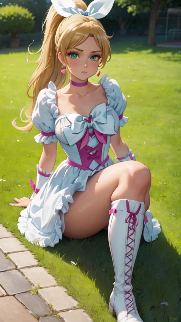 ((parc en ville)), gros seins, jambes grasses, (extremely fine and beautiful:1.1), (perfect details:1.1), (finely detailed eyes and detailed face:1.3), (sexy pose: 1.2), Cure Rithm, grey pantyhose, brown pantyhose, blonde hair, long hair, wide ponytail, green eyes, white choker, choker, heart earrings, ribbon, cure rhythm dress, puffy short sleeves, brooch, arm warmers, wrist cuffs, white boots, knee boots,