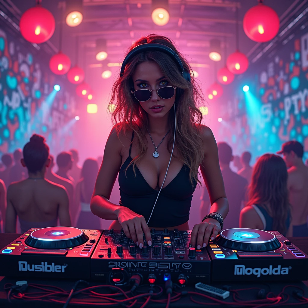 a female dj plays (dynamically) on the vinyl records on the dj set with two turntables, headphones on her head, ((in top view)), playing on vinyl records, she controls the turntable needle with her left hand, her right hand on the vinyl record, (((dancing dynamically))), feeling good, happy mood, party atmosphere, a full body portrait of a beautiful european 20 y.o. woman, , ((her extra long blonde rasta hair swirling around her)), ((glowing flowing soap bubbles)), blowing in the wind, red lips, smiling, big eyelashes, happy face, detailed facial features, rule of thirds, realistic eyes, ((vibing to music)), gorgeous lady, ((micro bikini with colorful psychedelic patterns)), slim body, perfect big breasts, nice abs, nice legs, pale skin, freckless, on her arm abstract tatoos, bright glorious summer sunshine, in the background music festival with dancing people, bokeh, warm colors,RAW photograph, (masterpiece), ((photorealistic)), ((hyperrealistic)), (skin pores), highly detailed, film grain, sharp focus, 8K, ultra quality, UHD, crystal clear, ((stunningly beautiful)), extremely detailed, high detailed skin, cinematic lighting, wide angle, amazing fine detail, Kodak, Canon 5d, rich colors, lifelike texture, dramatic lighting, dynamic composition