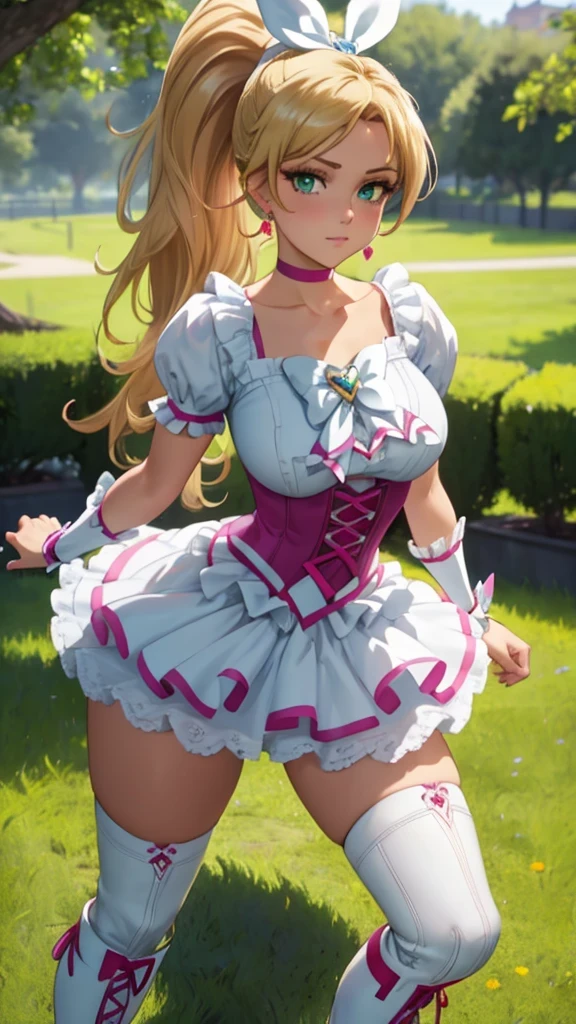 ((parc en ville)), gros seins, jambes grasses, (extremely fine and beautiful:1.1), (perfect details:1.1), (finely detailed eyes and detailed face:1.3), (sexy pose: 1.2), Cure Rithm, grey pantyhose, brown pantyhose, blonde hair, long hair, wide ponytail, green eyes, white choker, choker, heart earrings, ribbon, cure rhythm dress, puffy short sleeves, brooch, arm warmers, wrist cuffs, white boots, knee boots,