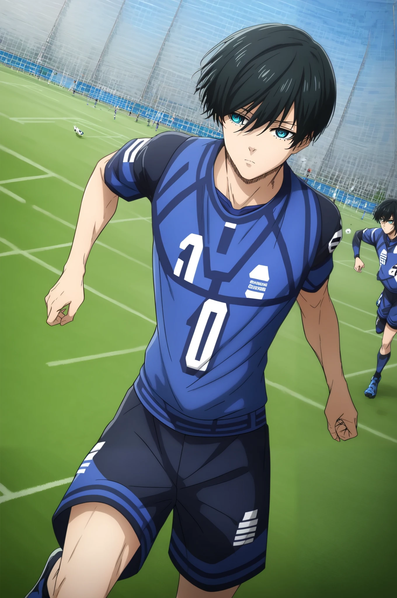 score_9, score_8_up, score_7_up, source_anime, BREAK, 1boy, bishounen, pale skin, (facing to the side, three quarter view:1.4), BREAK, dark green hair, teal eyes, (detailed eyes:1.2), (toned body:1.2), soccer uniform, BREAK, outdoors, soccer field, running, boy, rin_itoshi