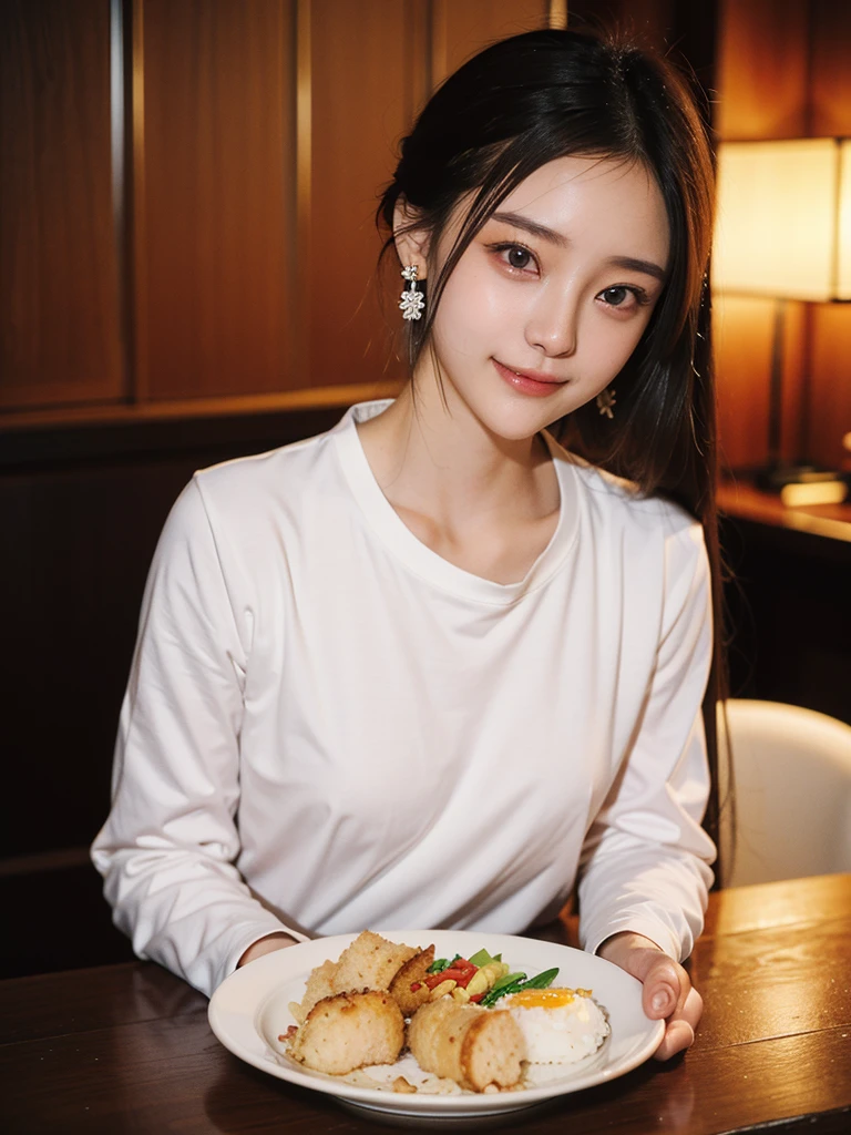 (Realistic),masterpiece,best quality,cinematic lighting,natural shadow,highest detail,professional photography,detailed background,depth of field,insane details,intricate,aesthetic,detailed face,subsurface scattering,looking at viewer,1girl,full body,light smile,charming,20yo,French bob Hair.Ahoge,(md colorful),Fit and flare lace dress,Frill,Playing an Instrument, culinary delights, delicious dishes, gourmet experiences, refreshing beverages, international cuisine, dining culture